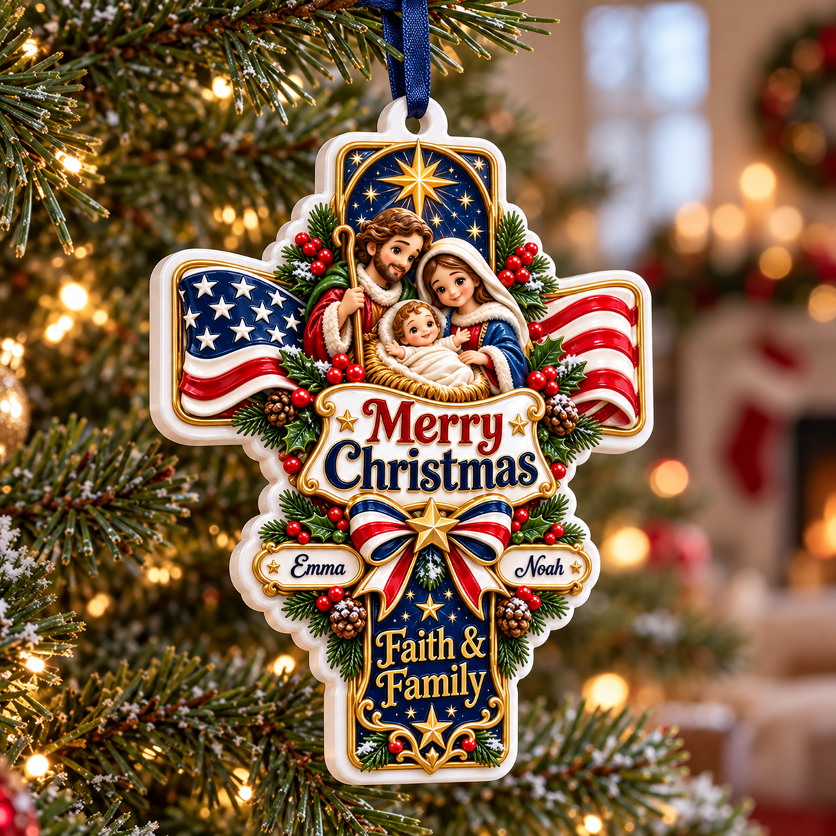 Nativity Scene American Flag Cross Faith and Family Holiday Tree Hanging Decor - 3D Relief Ornament
