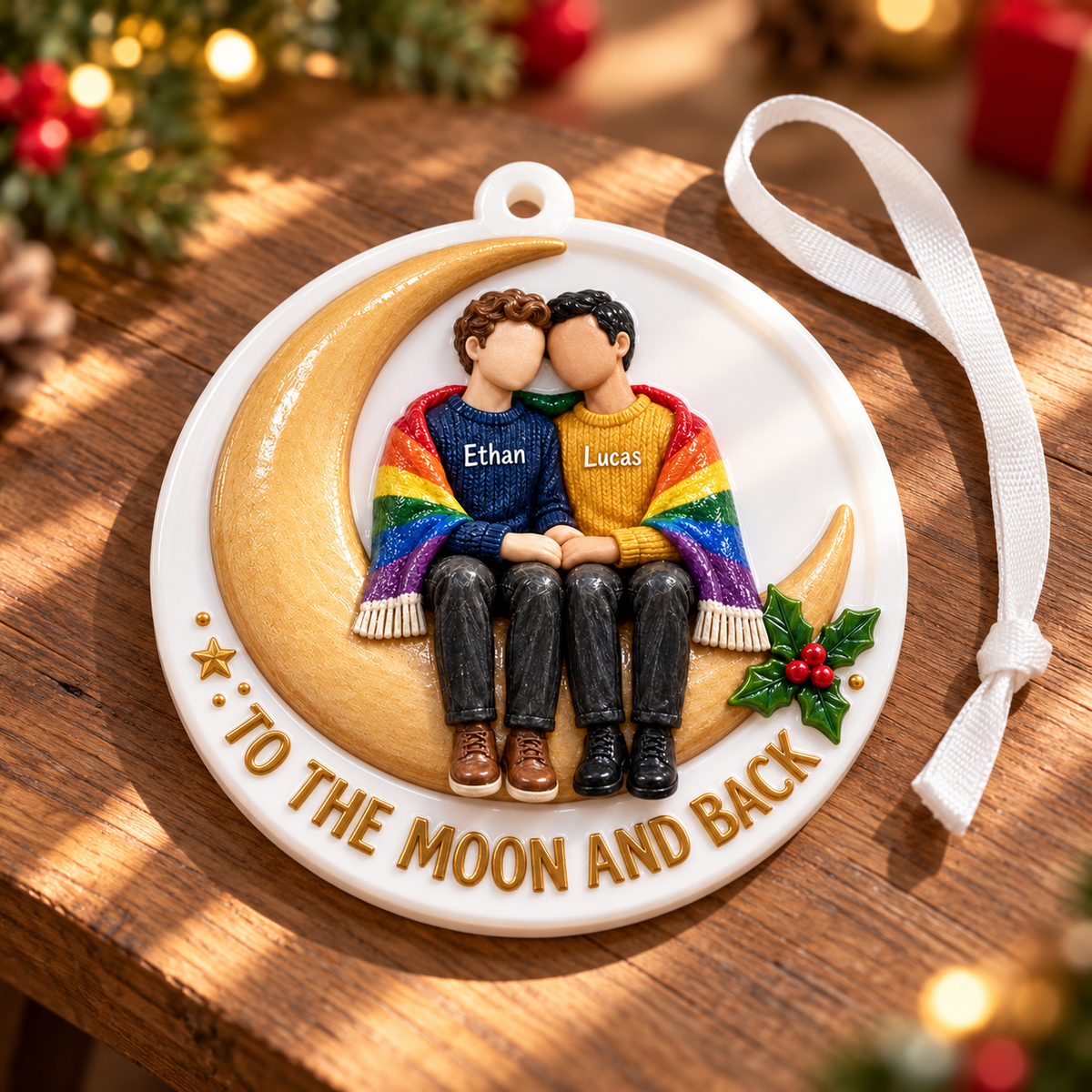 Gay Couple Sitting on Crescent Moon with Rainbow Pride Blanket Holiday ...