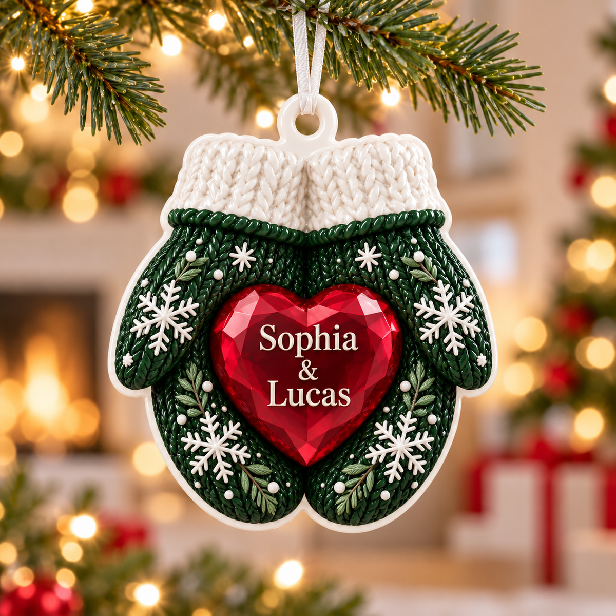 Winter Mittens with Red Gem Heart Christmas Tree Decoration - 3D Relief Ornament