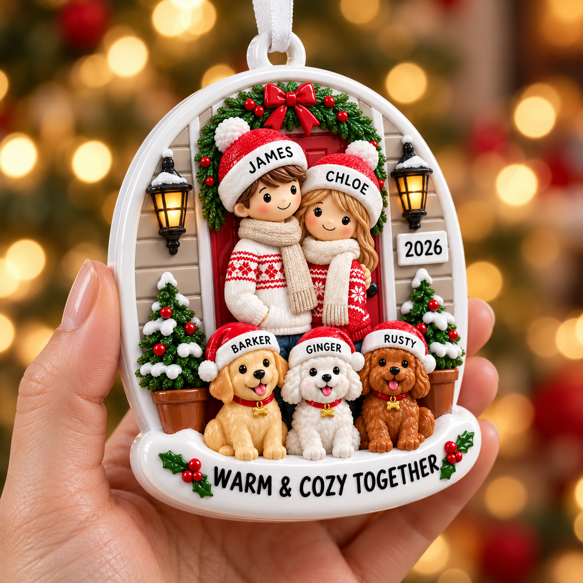 Couple with Three Dogs Front Porch Holiday Keepsake - 3D Relief Ornament