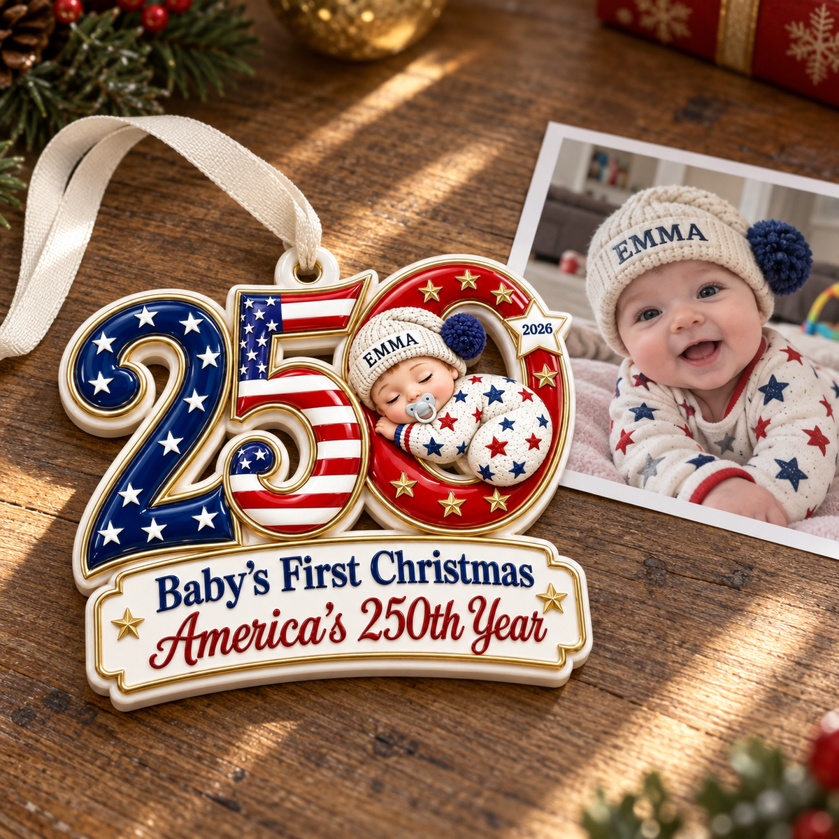 Baby's First Christmas America 250th Year 2026 Patriotic Holiday Keepsake - 3D Relief Ornament