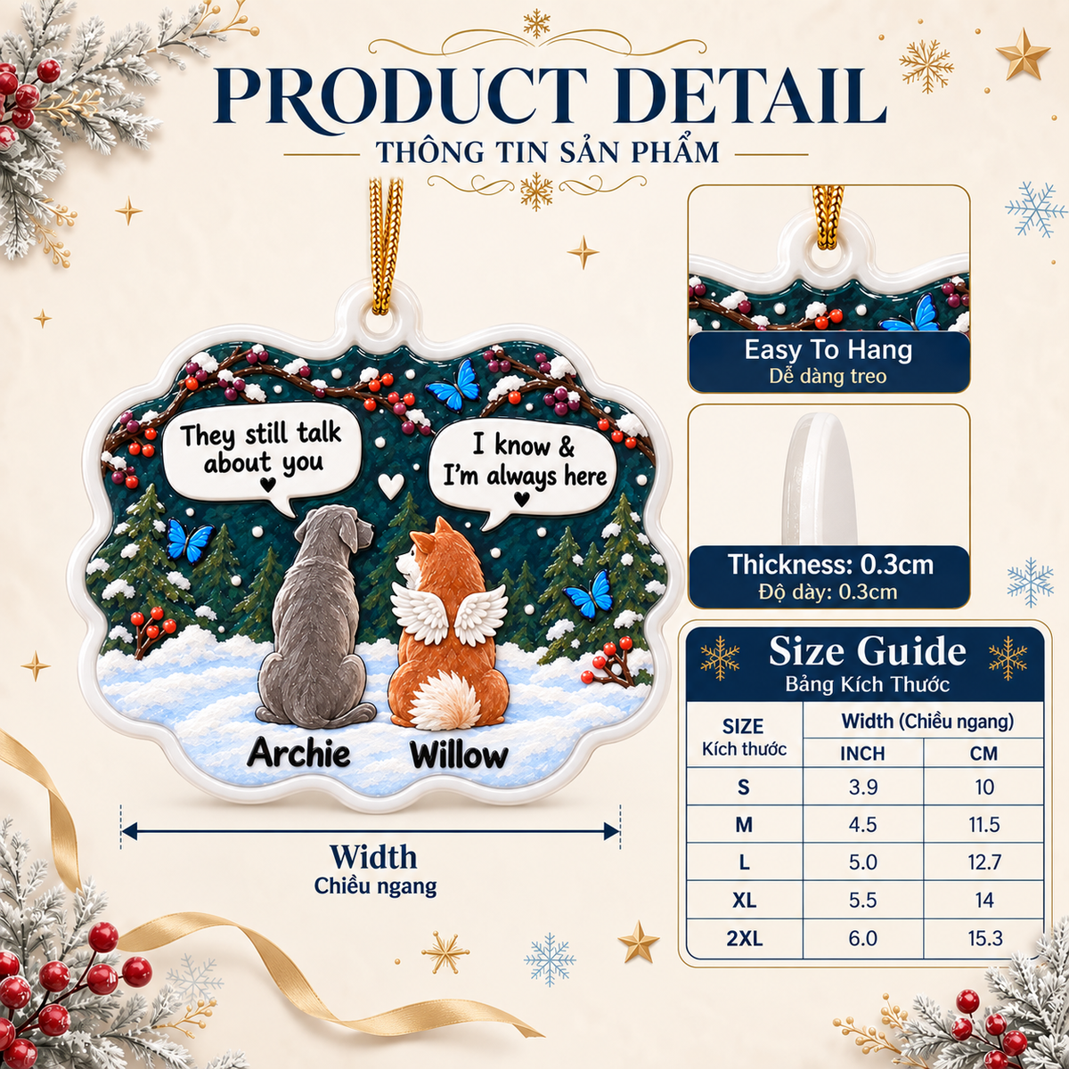 Dog Memorial Hanging Plaque with Angel Wings and Winter Forest - 3D Relief Ornament