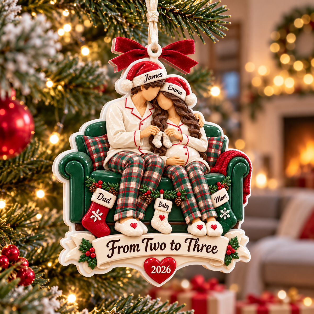 Expecting Couple on Green Couch Holiday Keepsake - 3D Relief Ornament