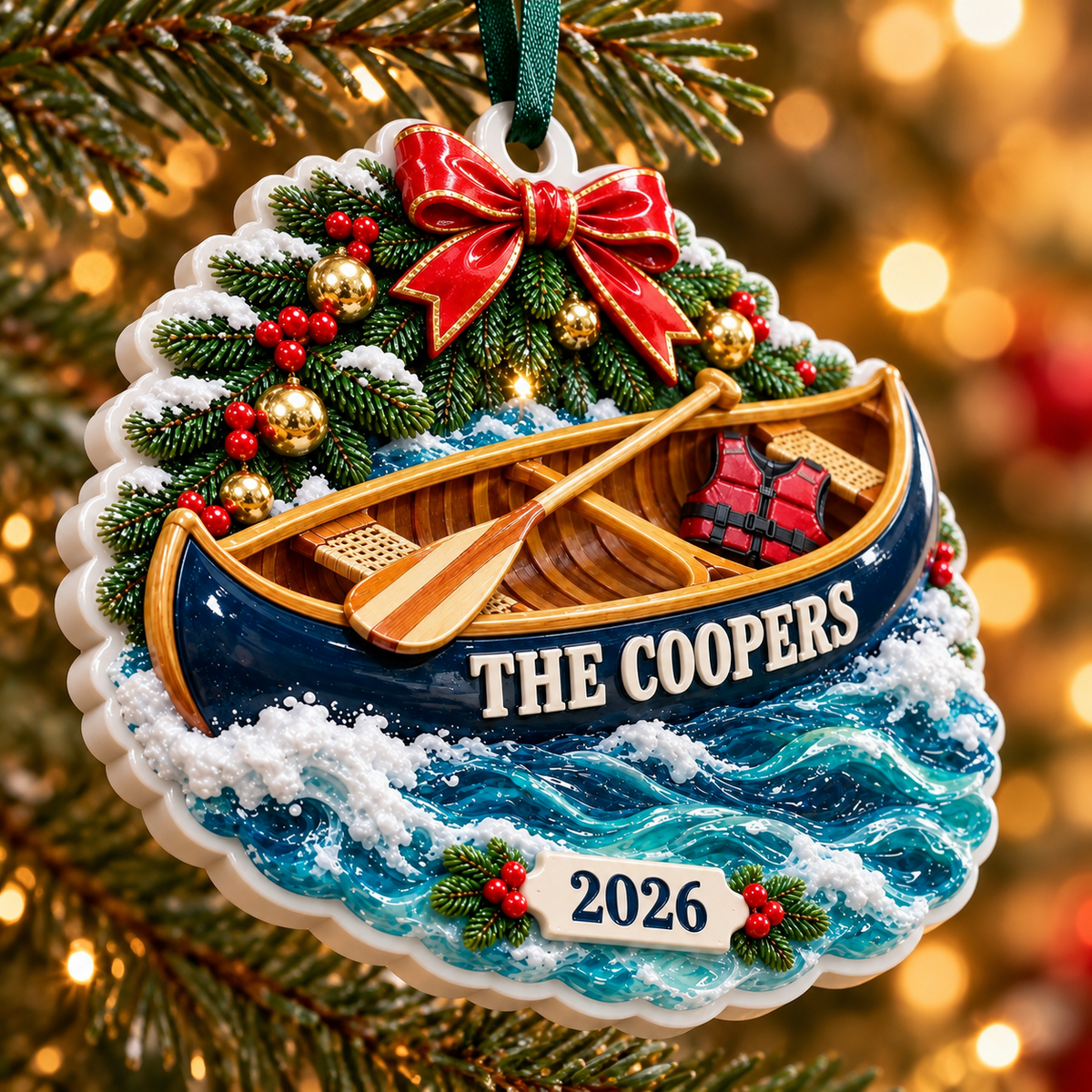 Canoe Boat on Ocean Waves with Pine and Bow Holiday Keepsake - 3D Relief Ornament