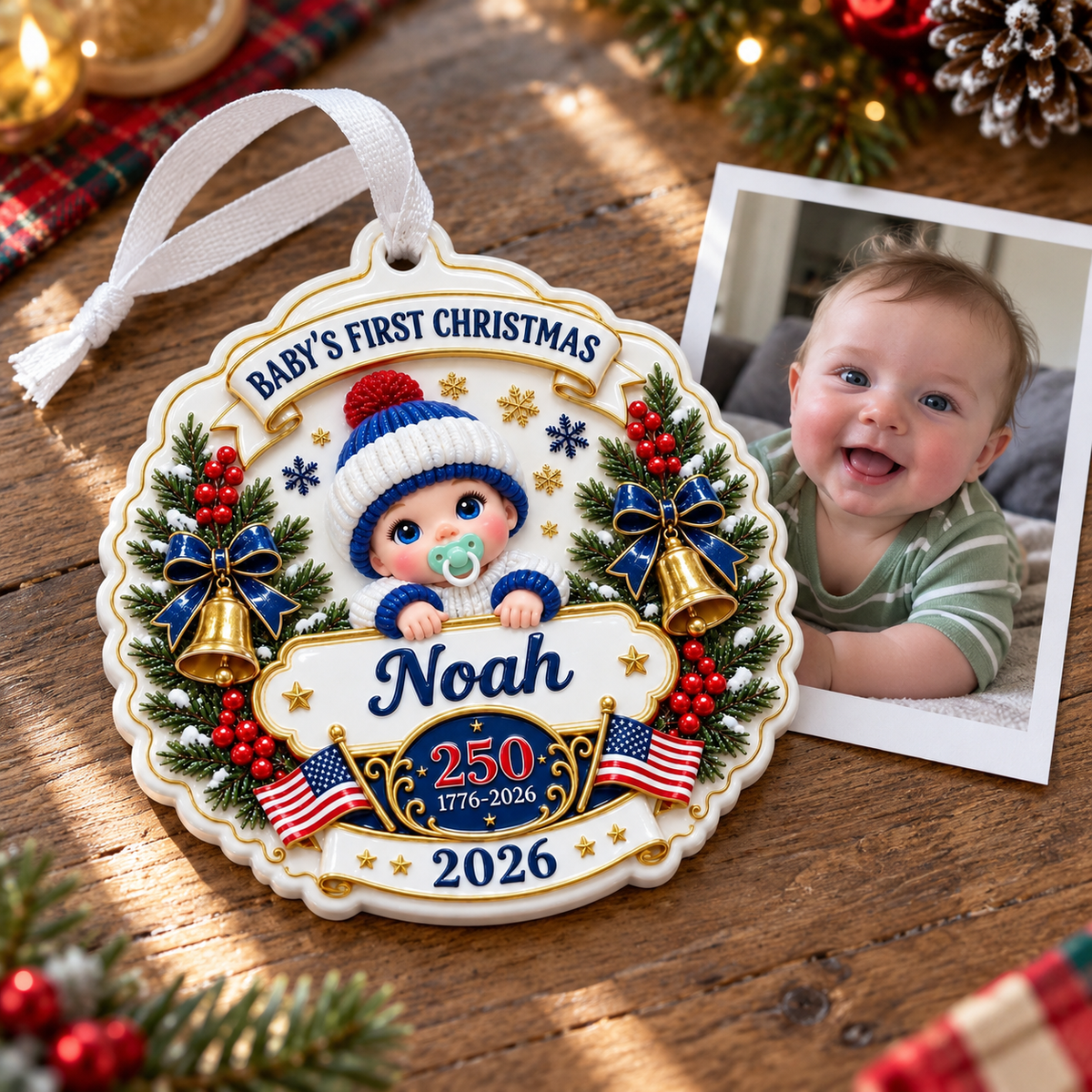 Baby's First Christmas 2026 Patriotic America 250 Hanging Plaque - 3D Relief Ornament