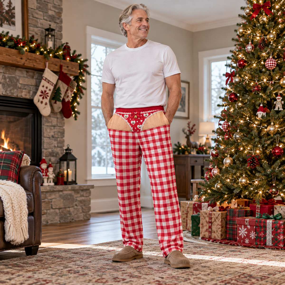 Plaid Pajama Pants with Faux Underwear Print Holiday Lounge Bottoms