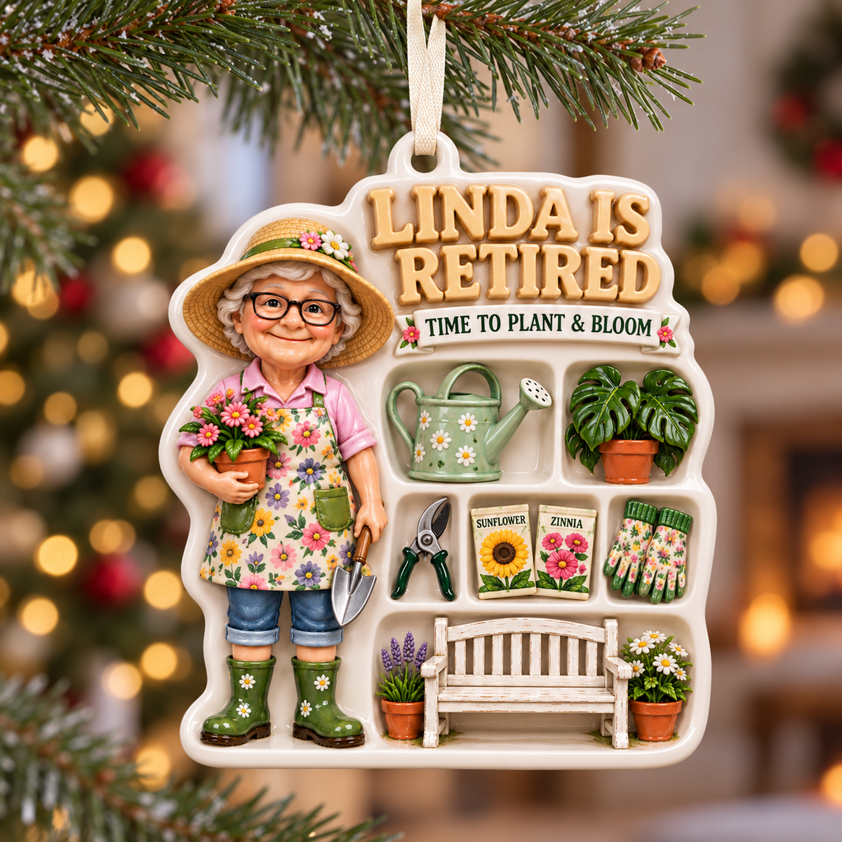 Retired Gardener Woman with Shed Tools and Floral Plants Holiday Keepsake - 3D Relief Ornament