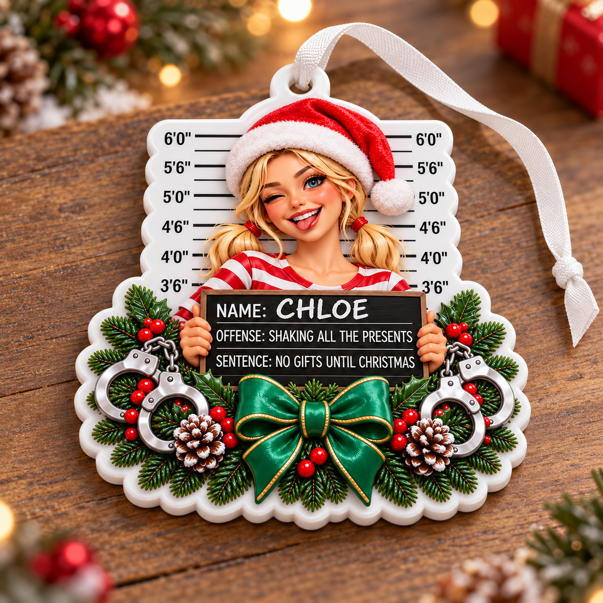 Funny Christmas Mugshot Blonde Girl Holiday Tree Decoration - 3D Relief Ornament