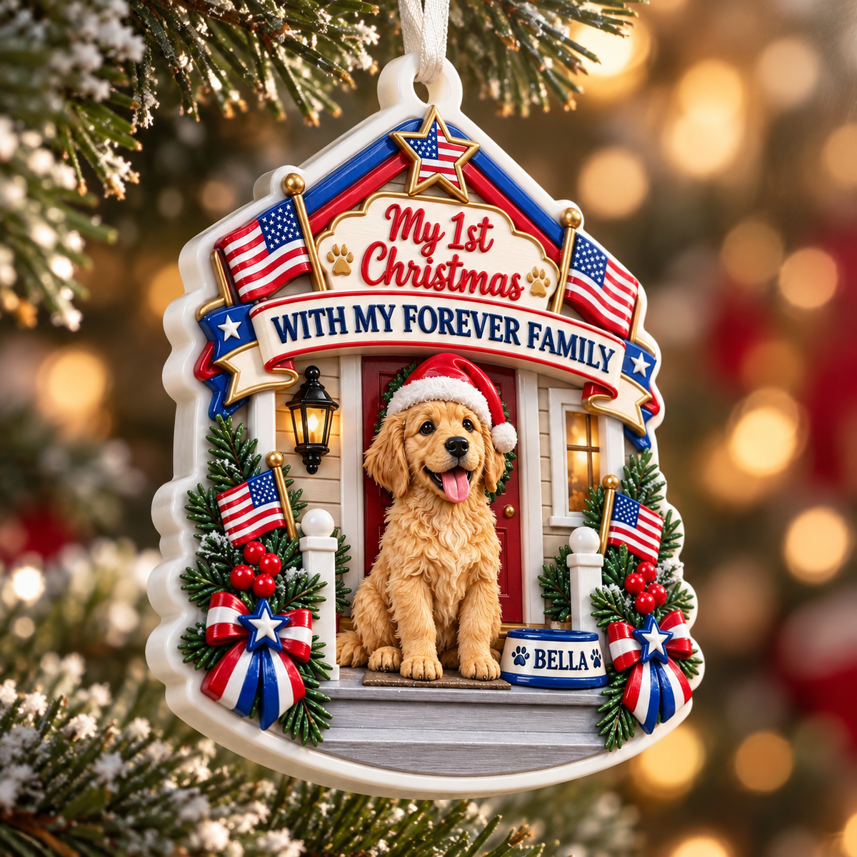 Golden Retriever Puppy First Christmas Forever Family Patriotic Porch Holiday Tree Decor - 3D Relief Ornament
