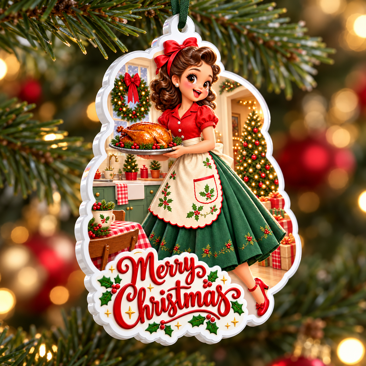 Retro Holiday Homemaker with Roast Turkey Acrylic Holiday Keepsake - 3D Relief Ornament