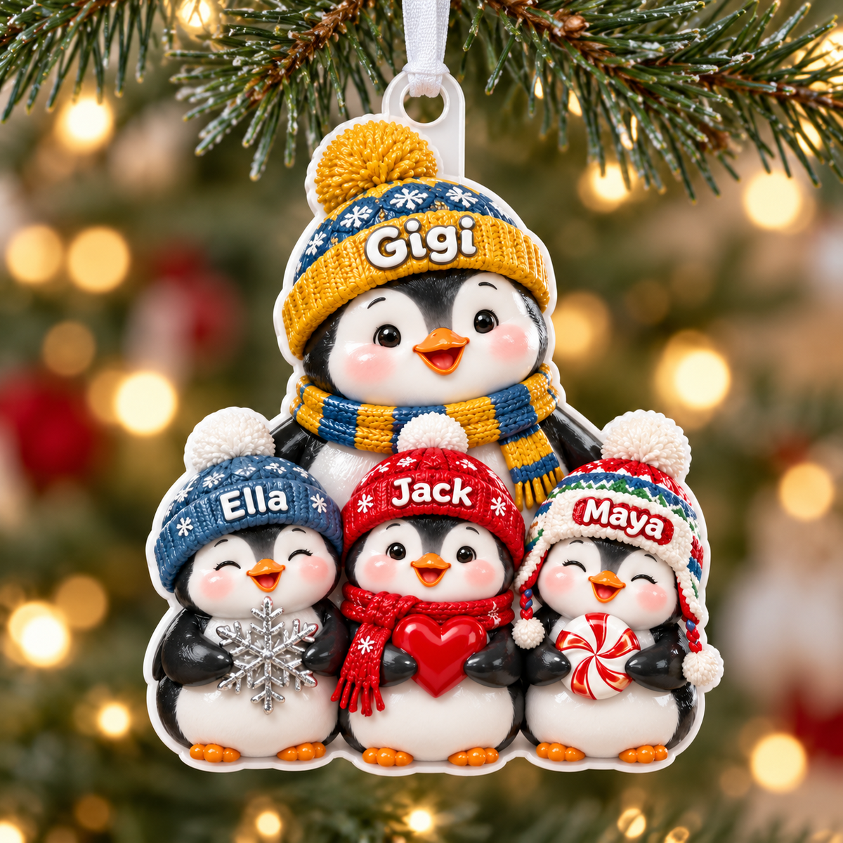 Winter Penguin Family with Knit Beanies Hanging Acrylic Holiday Accent - 3D Relief Ornament