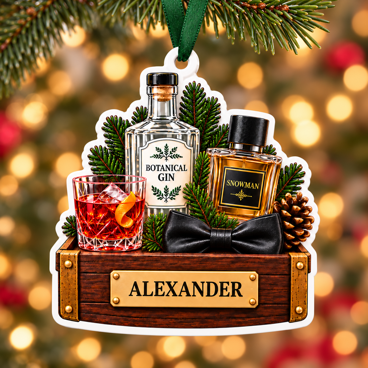 Gin Bottle Cocktail and Cologne Crate Acrylic Hanging Holiday Keepsake - 3D Relief Ornament