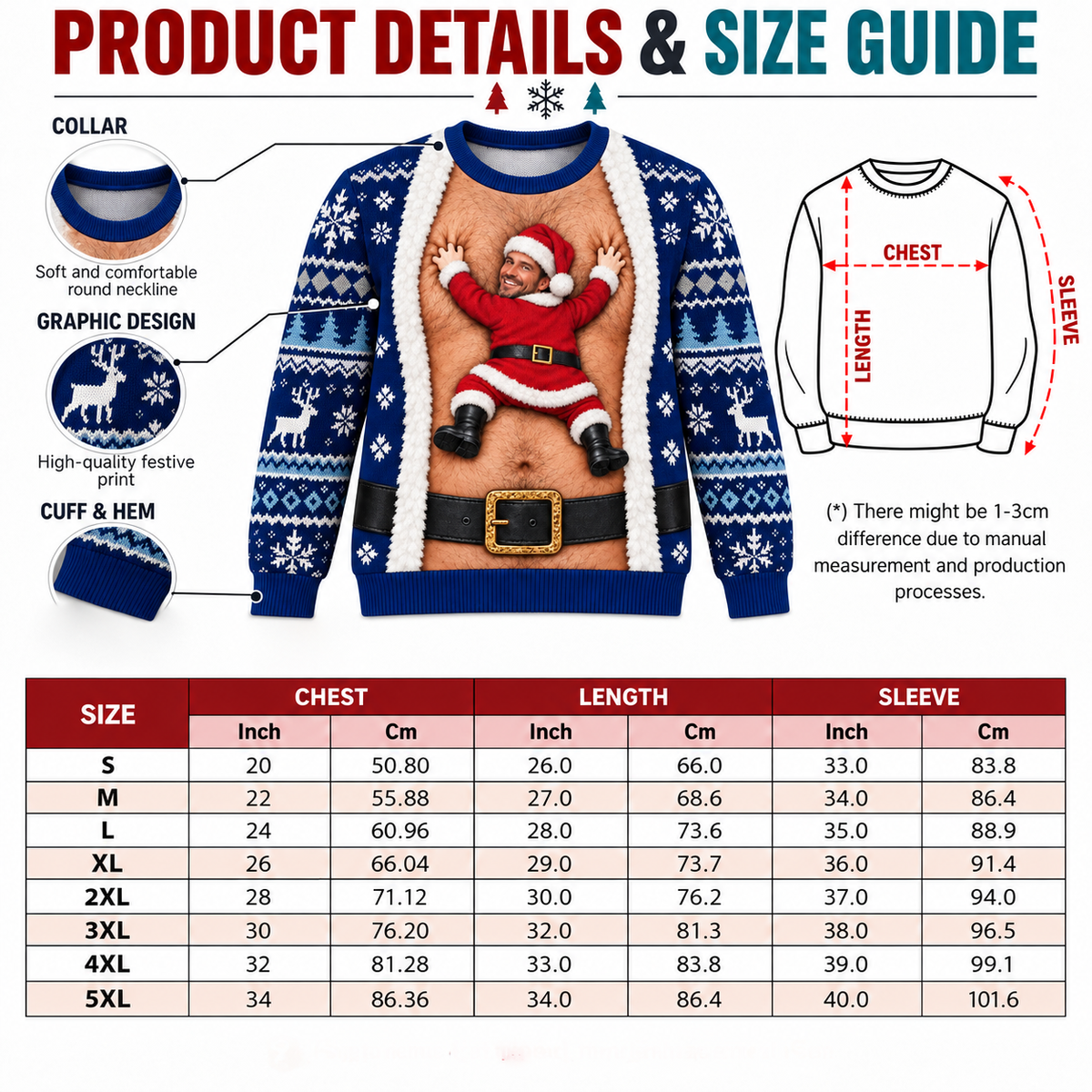 Funny Christmas Sweatshirt Hairy Chest Santa Faux Cardigan Crewneck