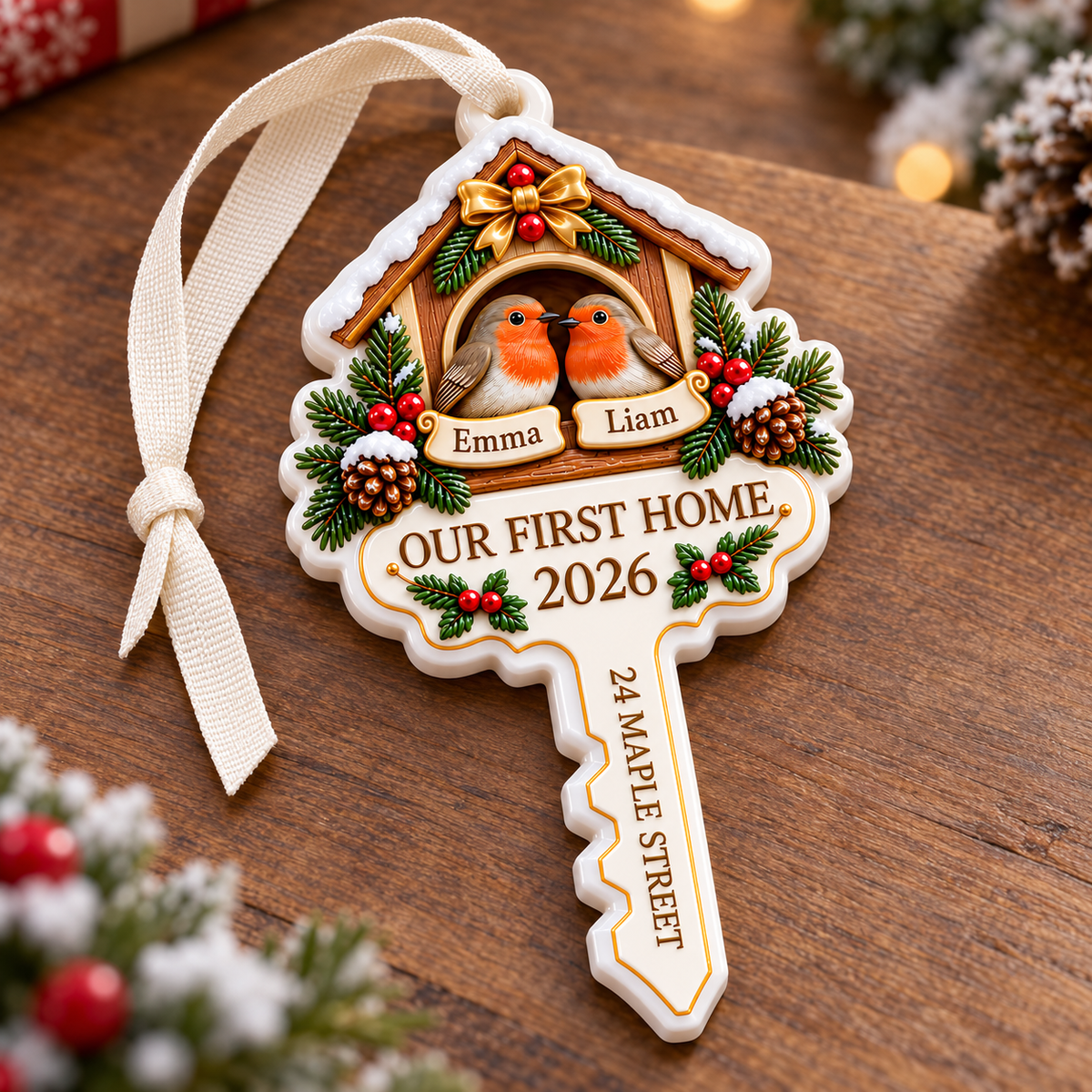 House Key First Home Robin Birds Nest Holiday Tree Keepsake - 3D Relief Ornament