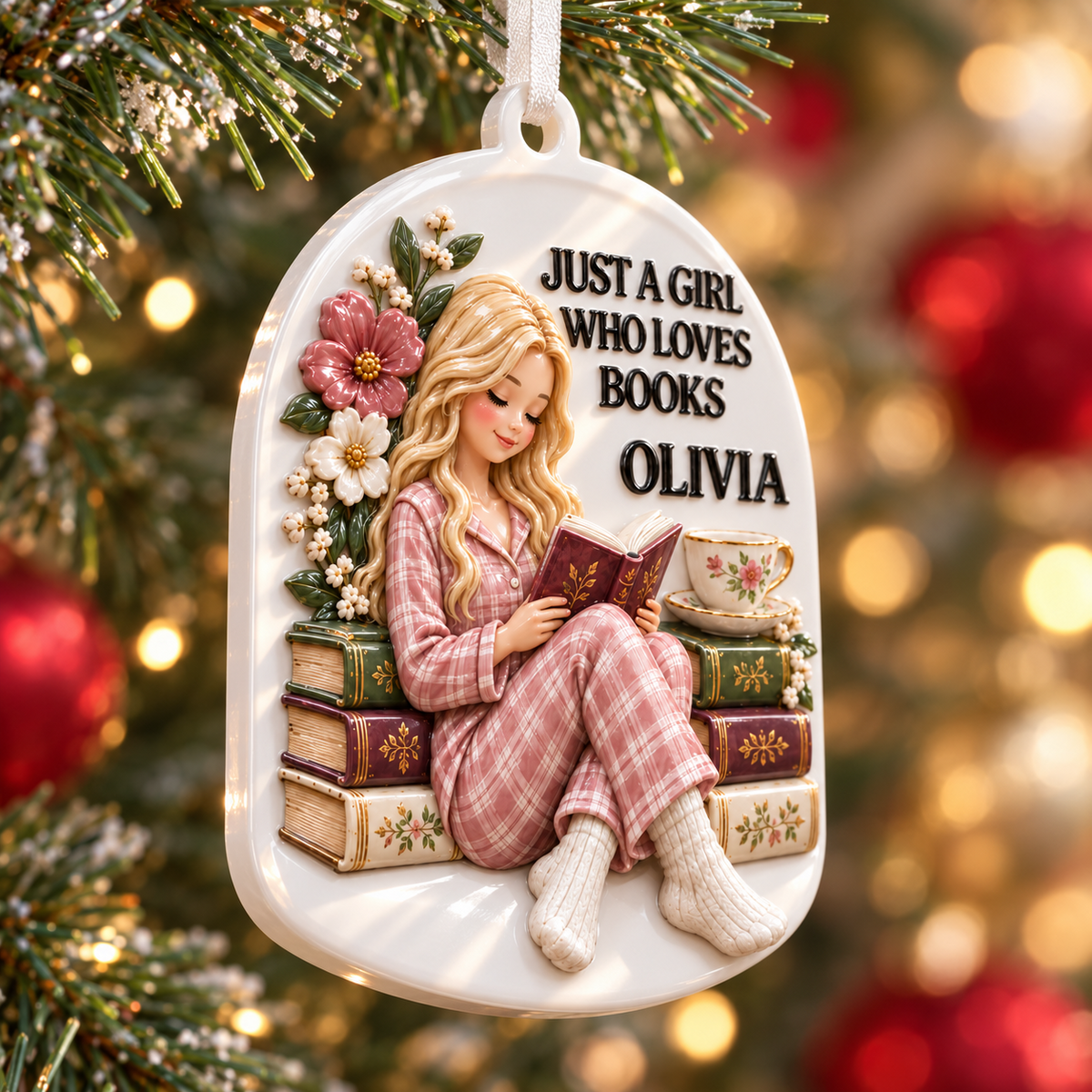 Glossy White Arched Acrylic Christmas Tree Hanging Plaque with Ribbon - 3D Relief Ornament