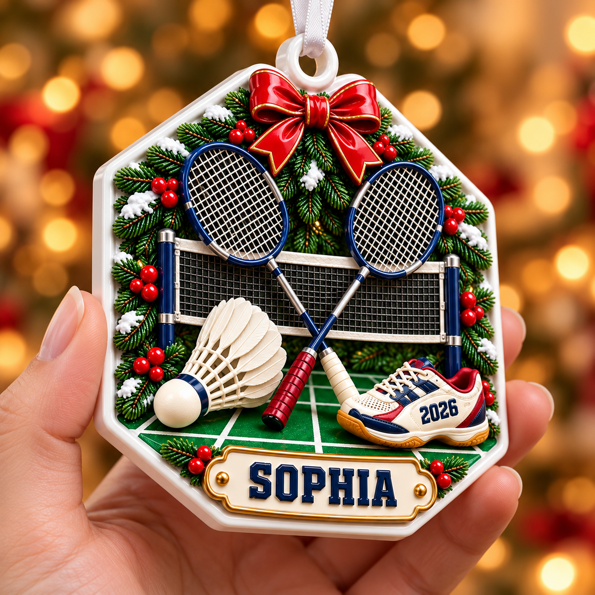 Badminton Rackets and Shuttlecock Court Hexagon Holiday Keepsake - 3D Relief Ornament