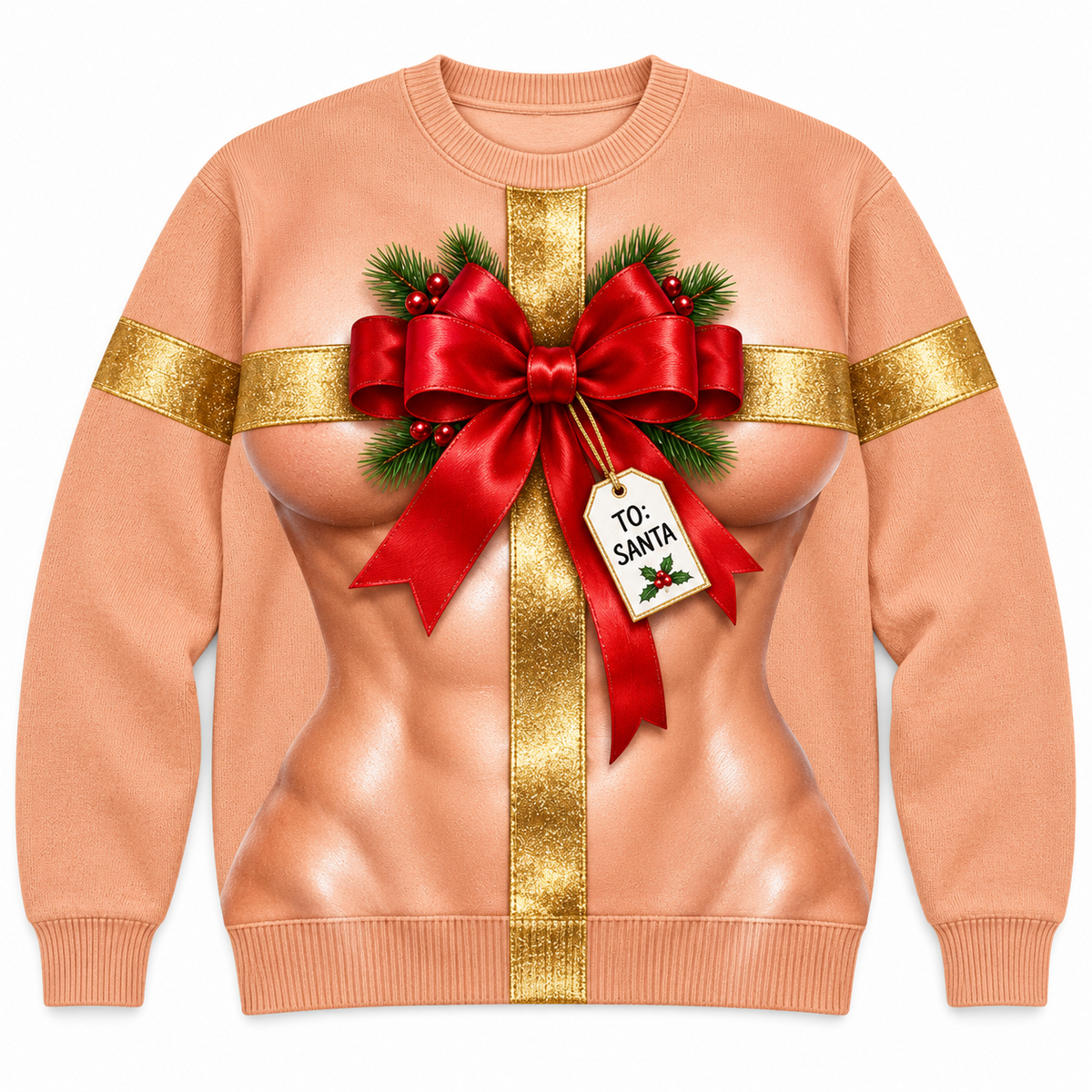 Funny Christmas Sweatshirt, Ribbon Bow Graphic Crewneck Pullover