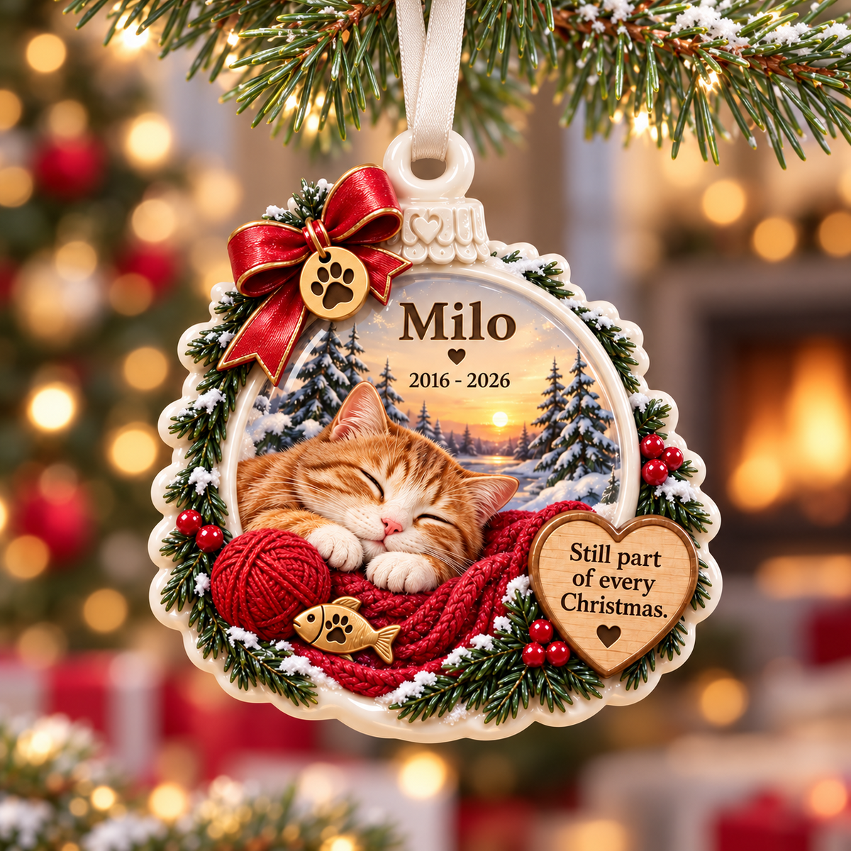 Sleeping Orange Tabby Cat Memorial Holiday Keepsake with Pine Wreath - 3D Relief Ornament