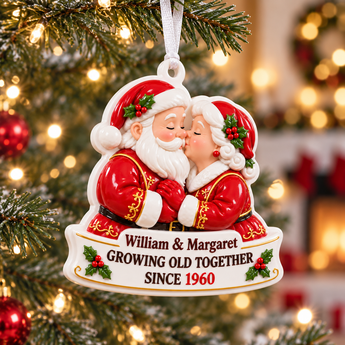 Santa and Mrs Claus Kissing Couple Holiday Hanging Decoration - 3D Relief Ornament