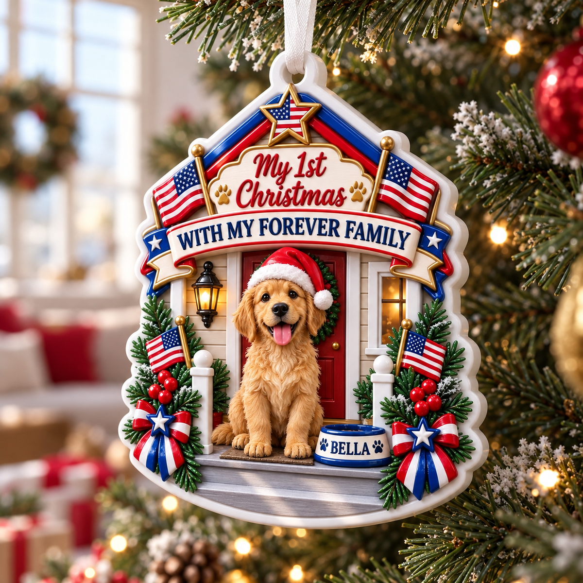Golden Retriever Puppy First Christmas Forever Family Patriotic Porch Holiday Tree Decor - 3D Relief Ornament