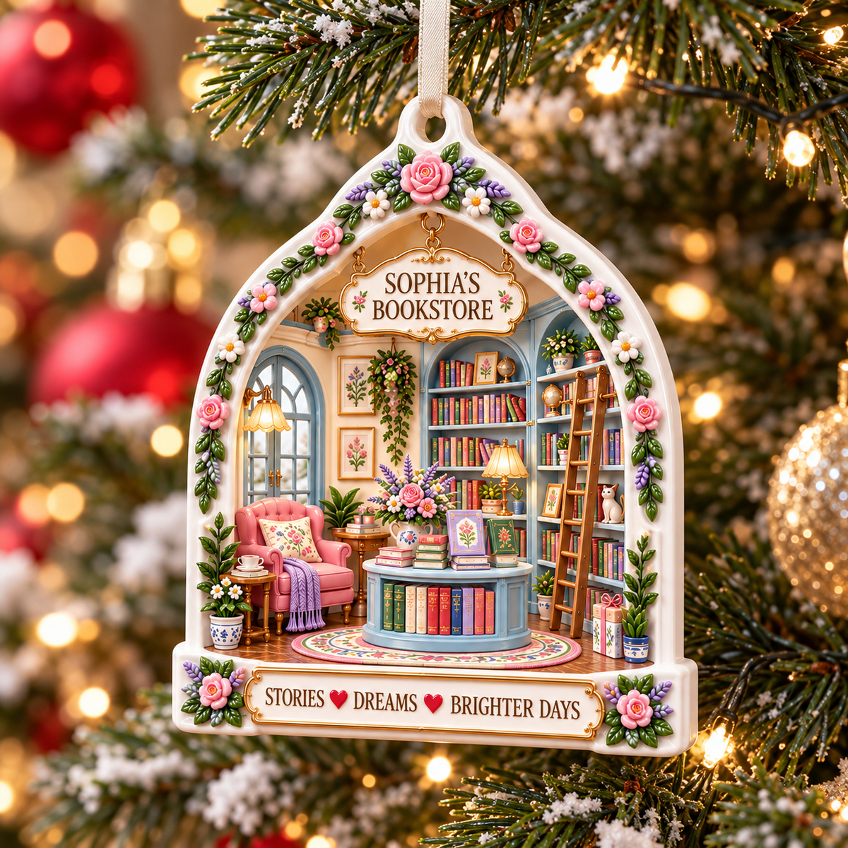 Floral Arch Cozy Bookstore Library Booklover Keepsake - 3D Relief Ornament