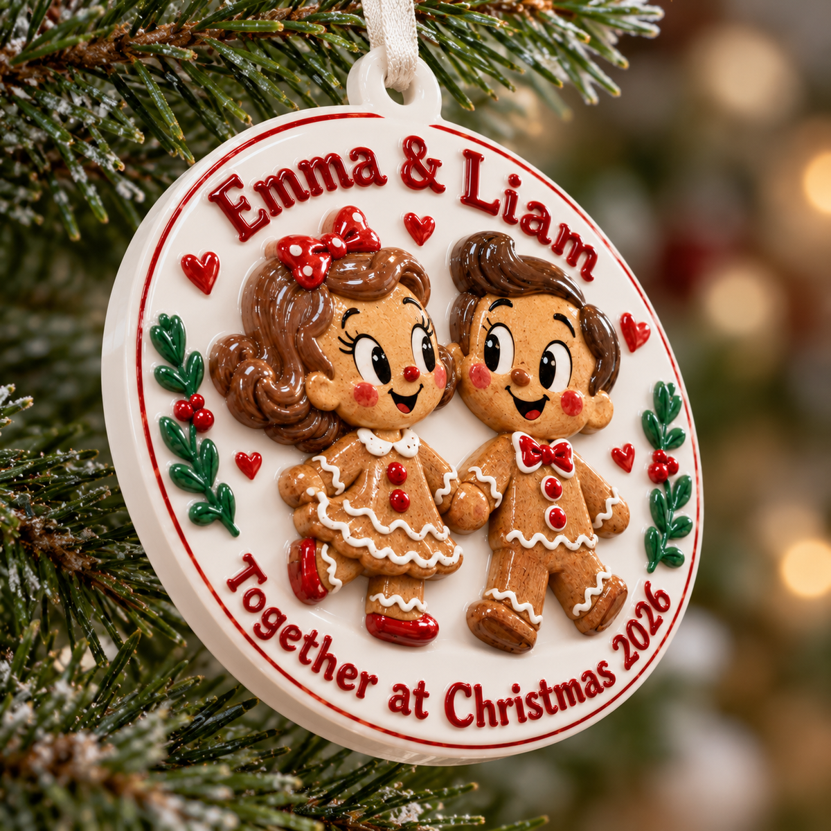 Gingerbread Couple Round Ceramic Christmas Keepsake Medallion - 3D Relief Ornament