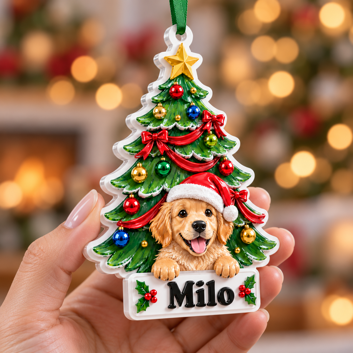 Golden Retriever Puppy Christmas Tree Hanging Holiday Decor - 3D Relief Ornament