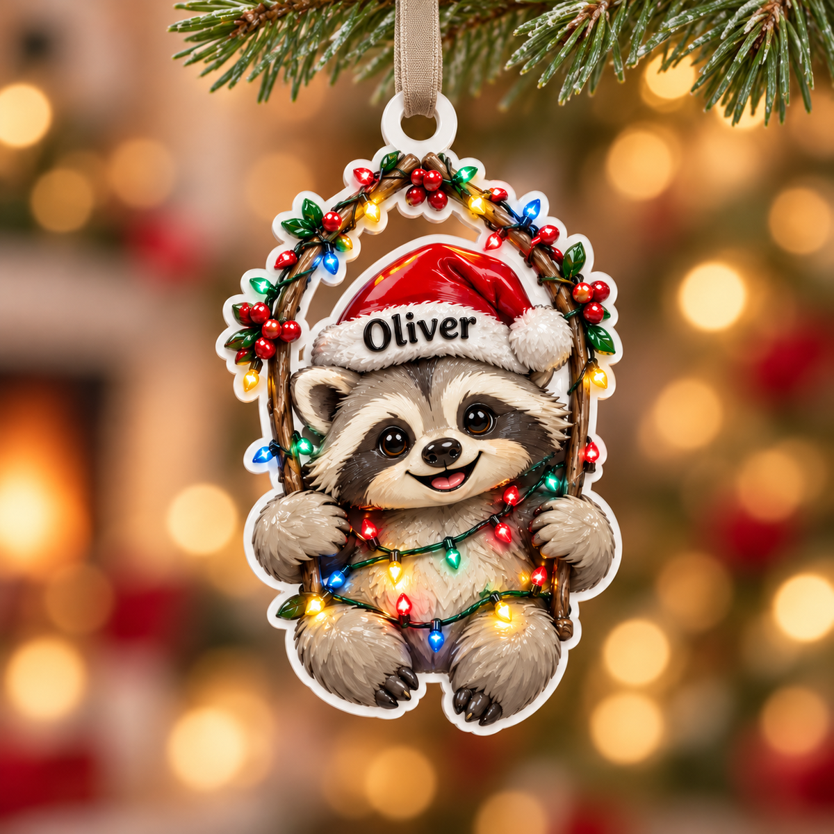 Baby Raccoon in Santa Hat with Christmas Lights Branch Wreath - 3D Relief Ornament