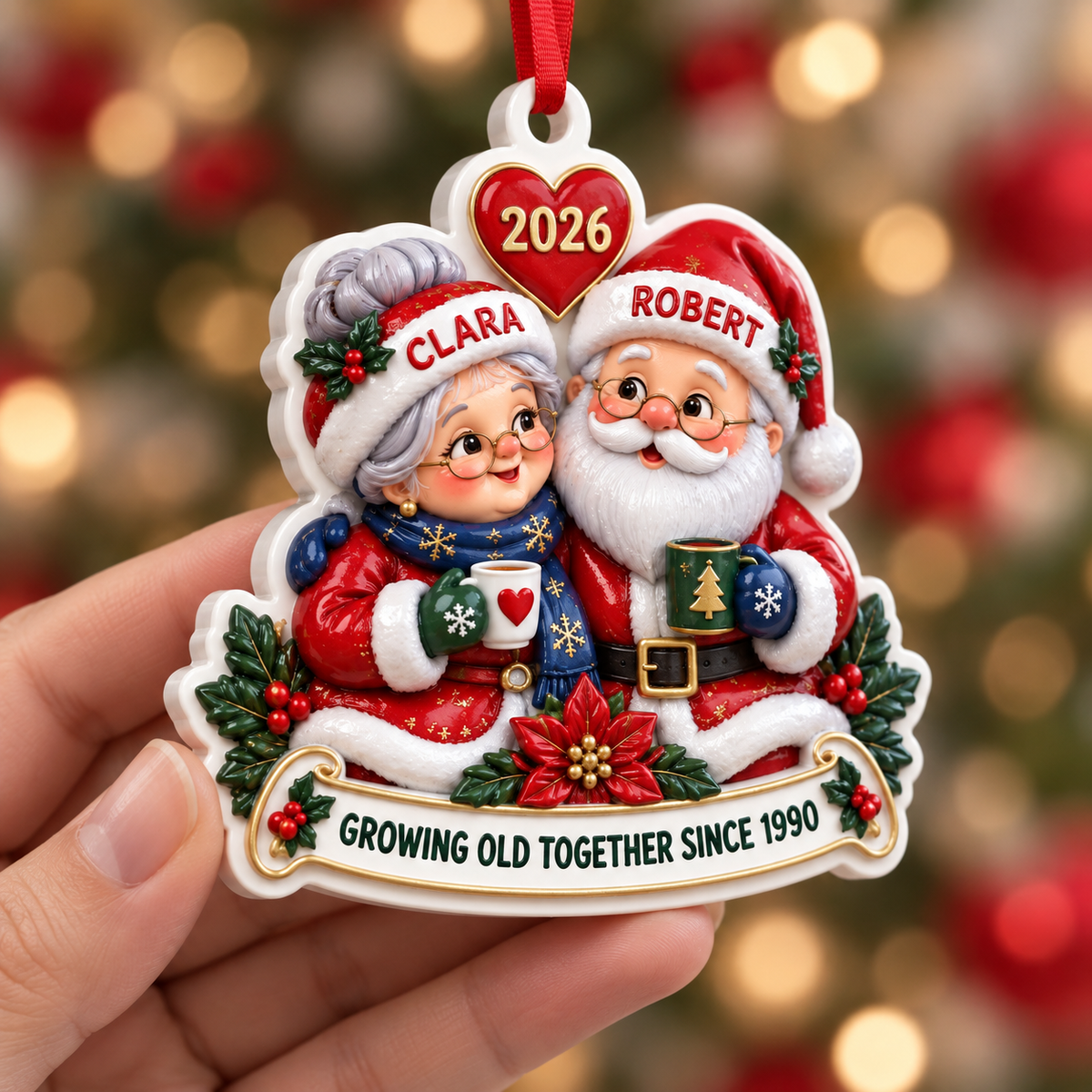 Santa and Mrs Claus Couple Christmas Tree Decoration, Holiday Keepsake - 3D Relief Ornament