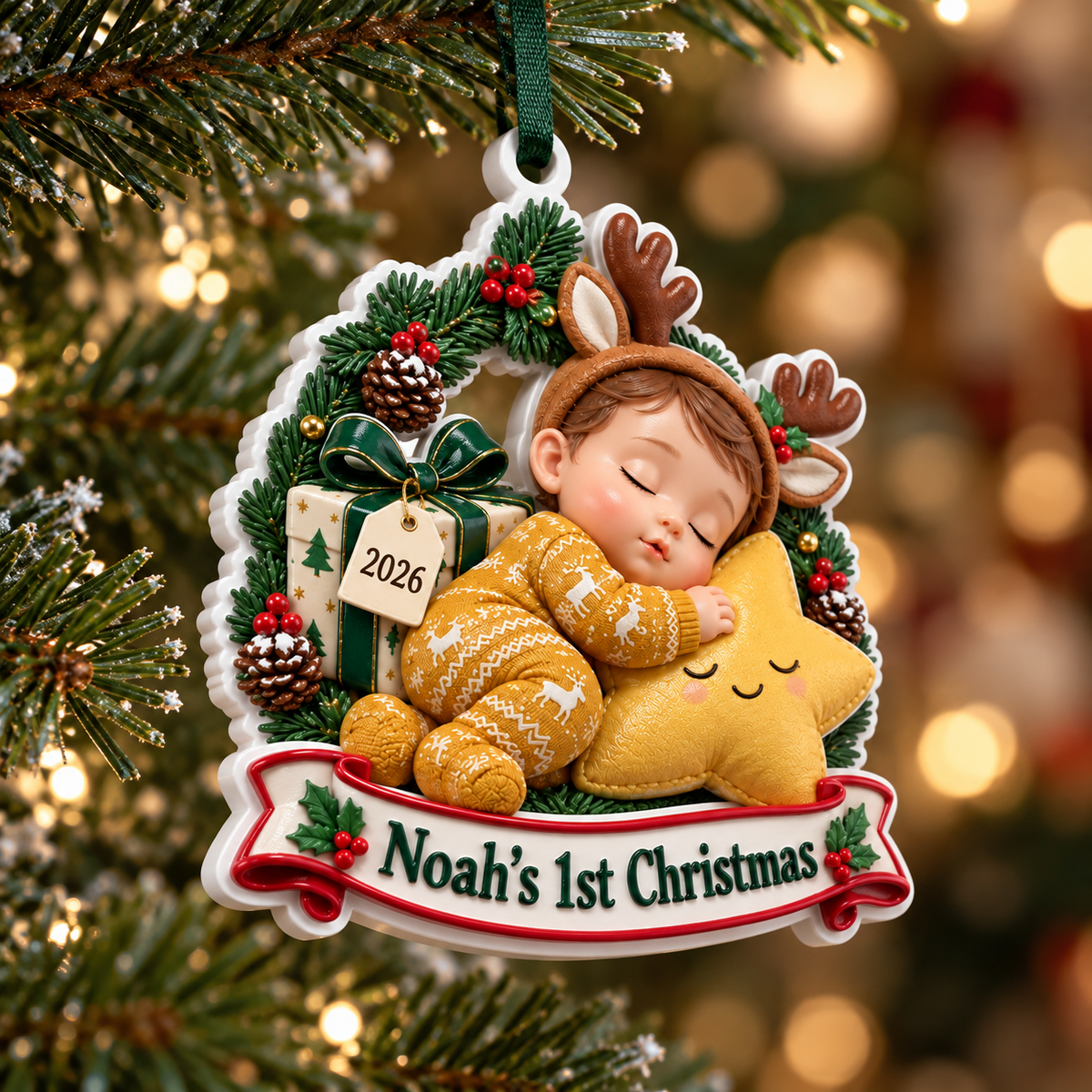 Baby First Christmas Sleeping Infant Reindeer Antlers Star Holiday Keepsake - 3D Relief Ornament