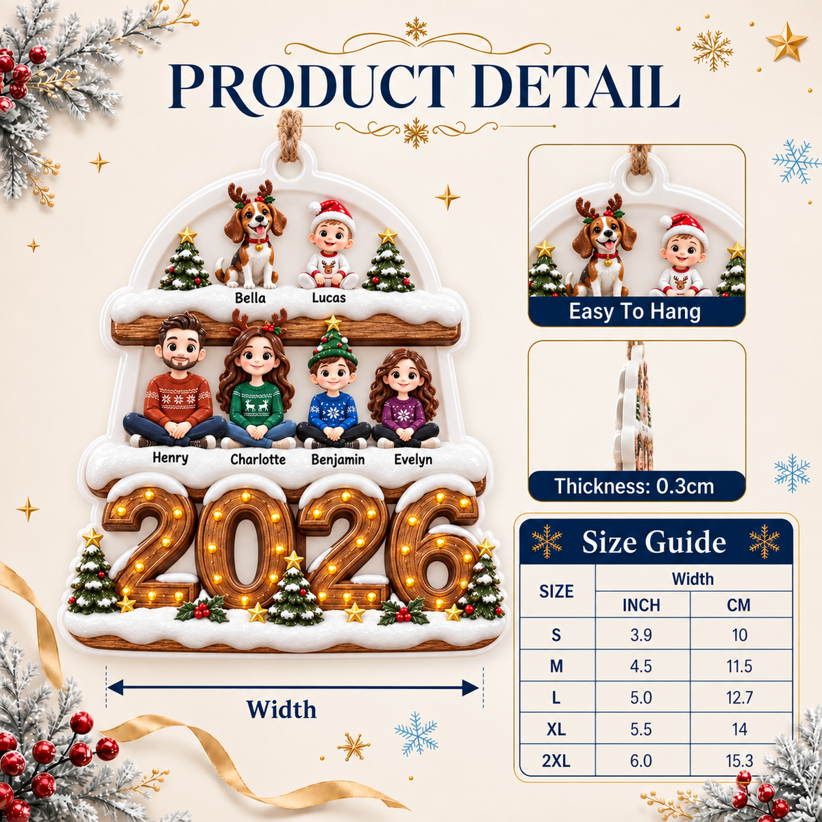 Family of Five and Dog Christmas 2026 Tiered Snow Holiday Keepsake - 3D Relief Ornament