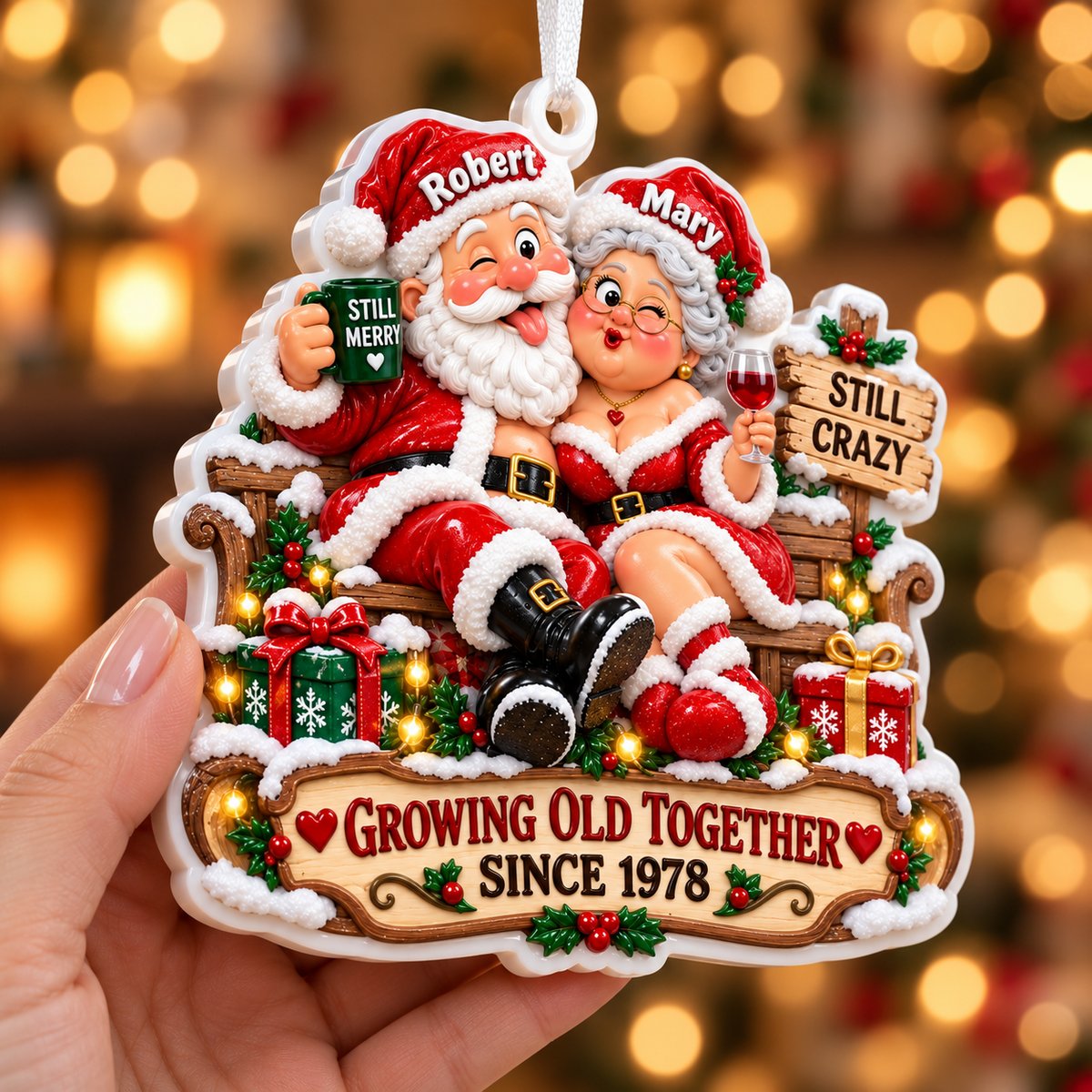 Santa Couple Christmas Hanging Keepsake with Growing Old Together Banner - 3D Relief Ornament