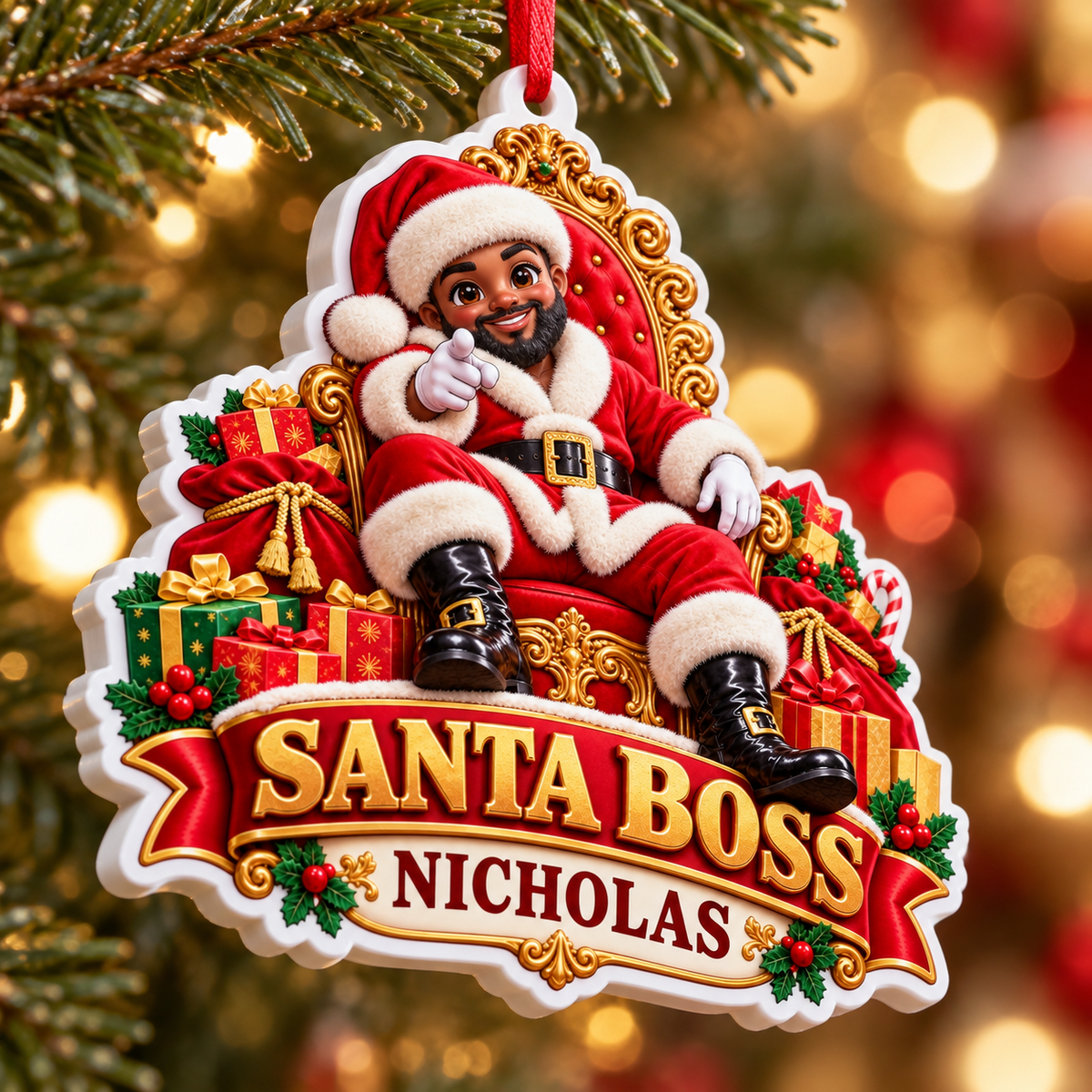 Black Santa Boss on Ornate Throne Holiday Tree Decor - 3D Relief Ornament