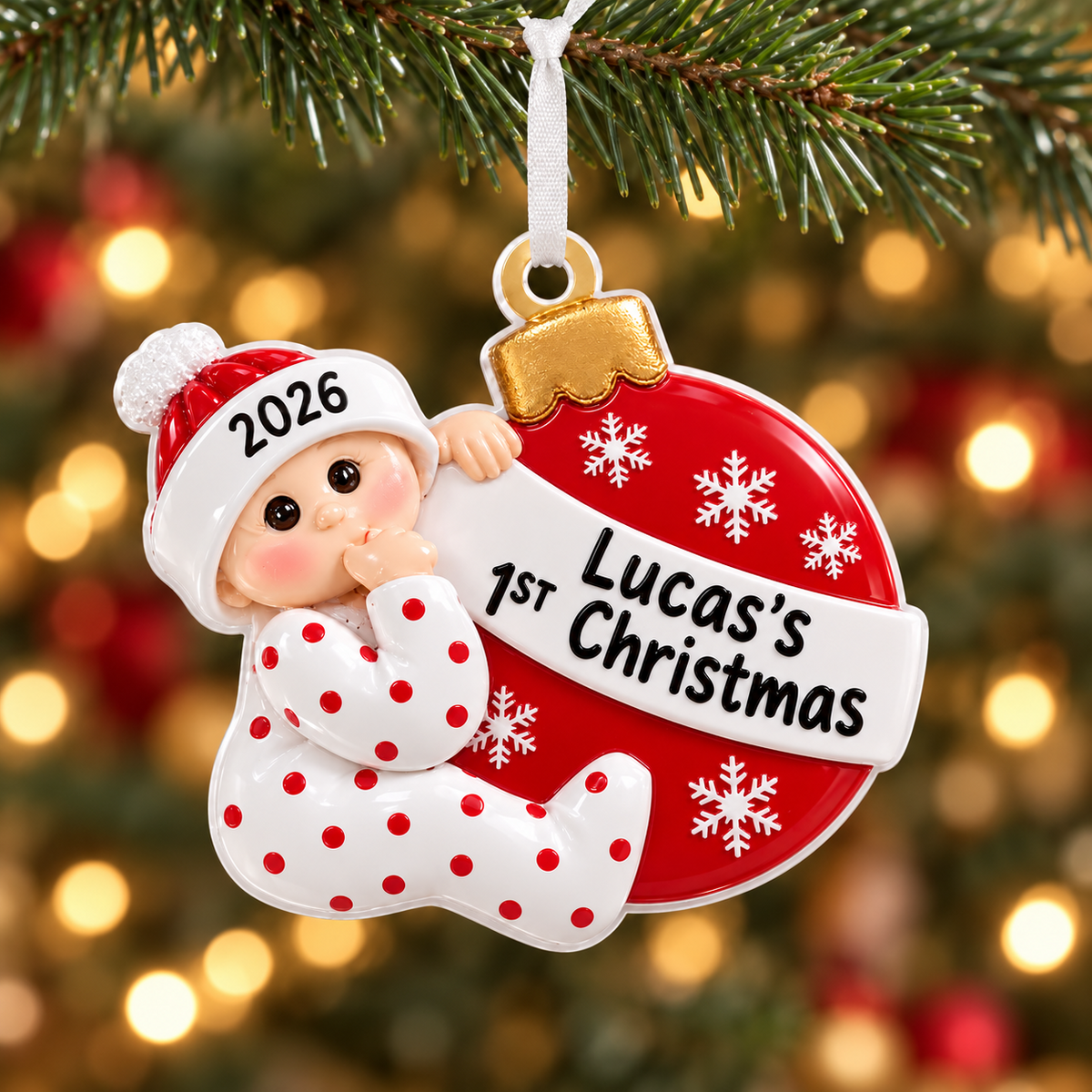 Baby First Christmas Bauble Red and White Polyresin Hanging Keepsake - 3D Relief Ornament