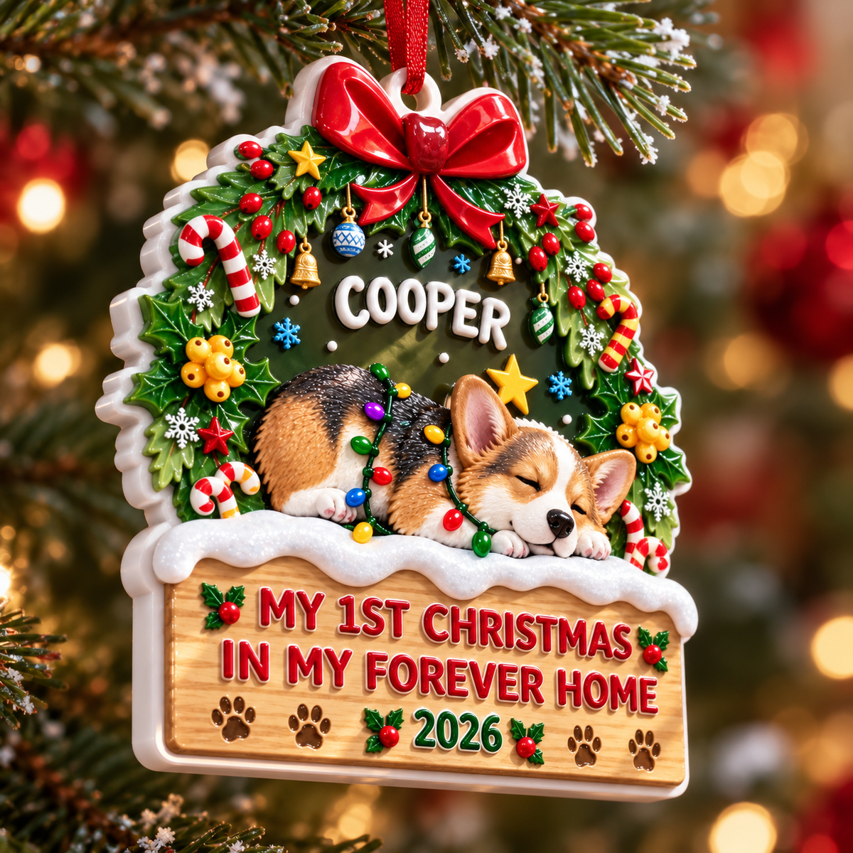 Sleeping Corgi Dog First Christmas In My Forever Home Holiday Plaque - 3D Relief Ornament