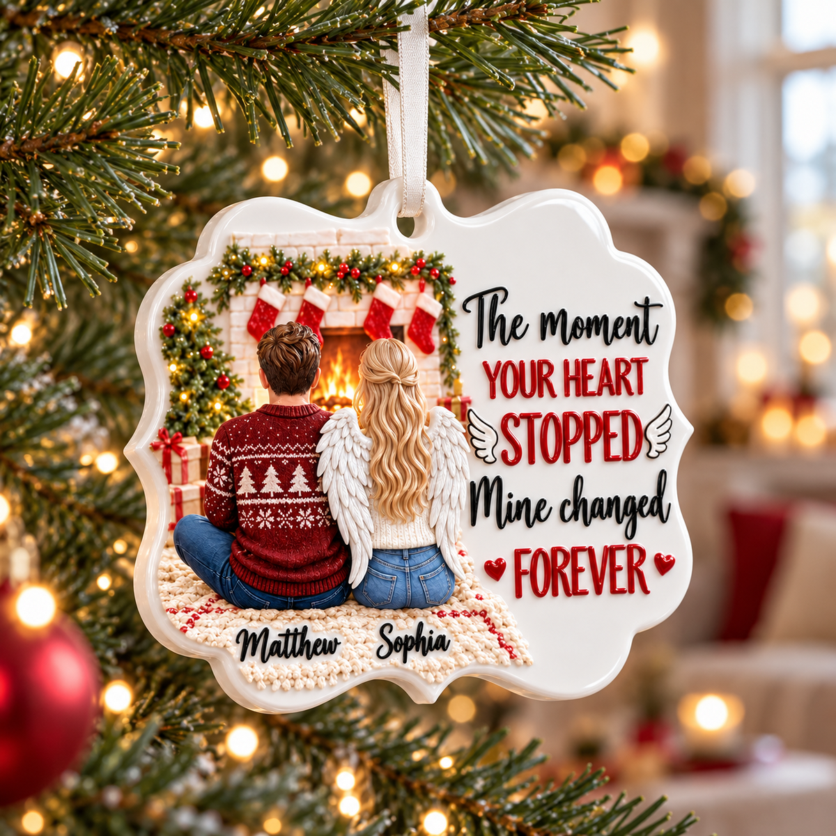 Couple Memorial Fireplace Scene with Angel Wings Bracket Shape Acrylic Hanging Keepsake - 3D Relief Ornament