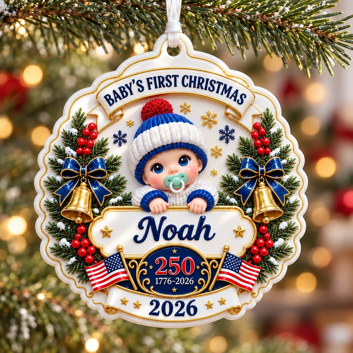 Baby's First Christmas 2026 Patriotic America 250 Hanging Plaque - 3D Relief Ornament