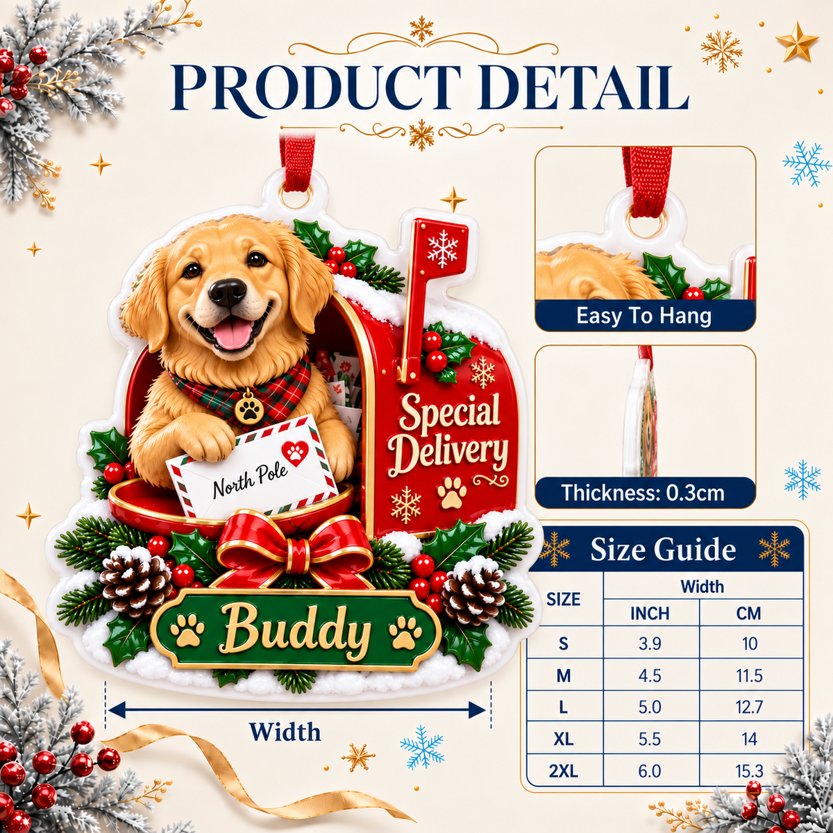 Golden Retriever Dog Christmas Mailbox Special Delivery - 3D Relief Ornament
