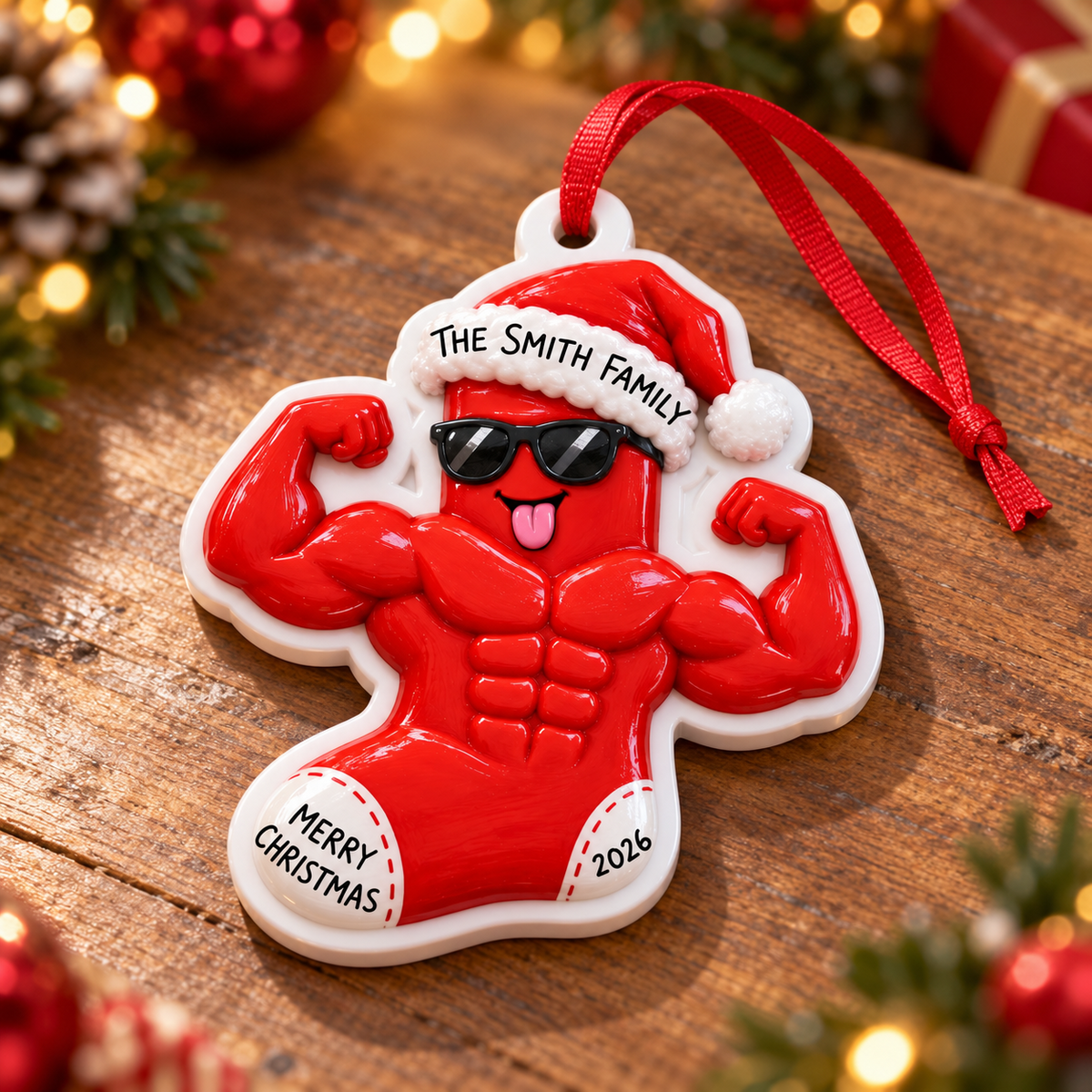 Muscular Christmas Stocking Character Hanging Holiday Decoration - 3D Relief Ornament