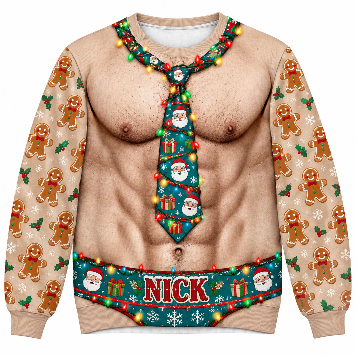Funny Christmas Sweatshirt Faux Muscle Chest Holiday Tie Graphic