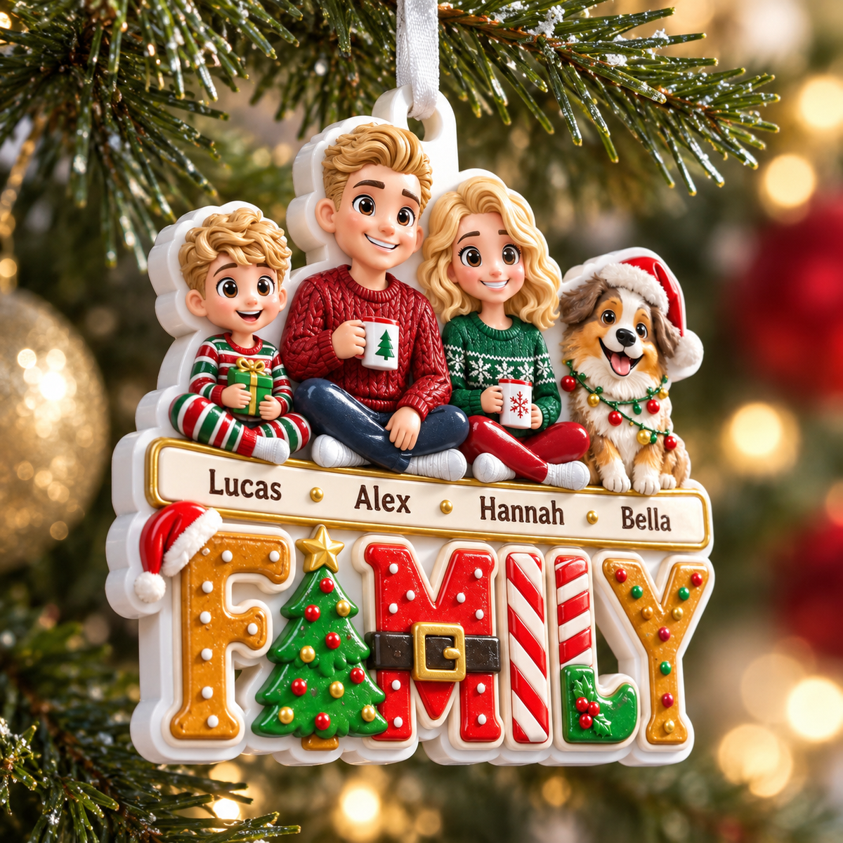 Family and Dog Christmas Tree Ornament, Acrylic Holiday Hanging Decor
