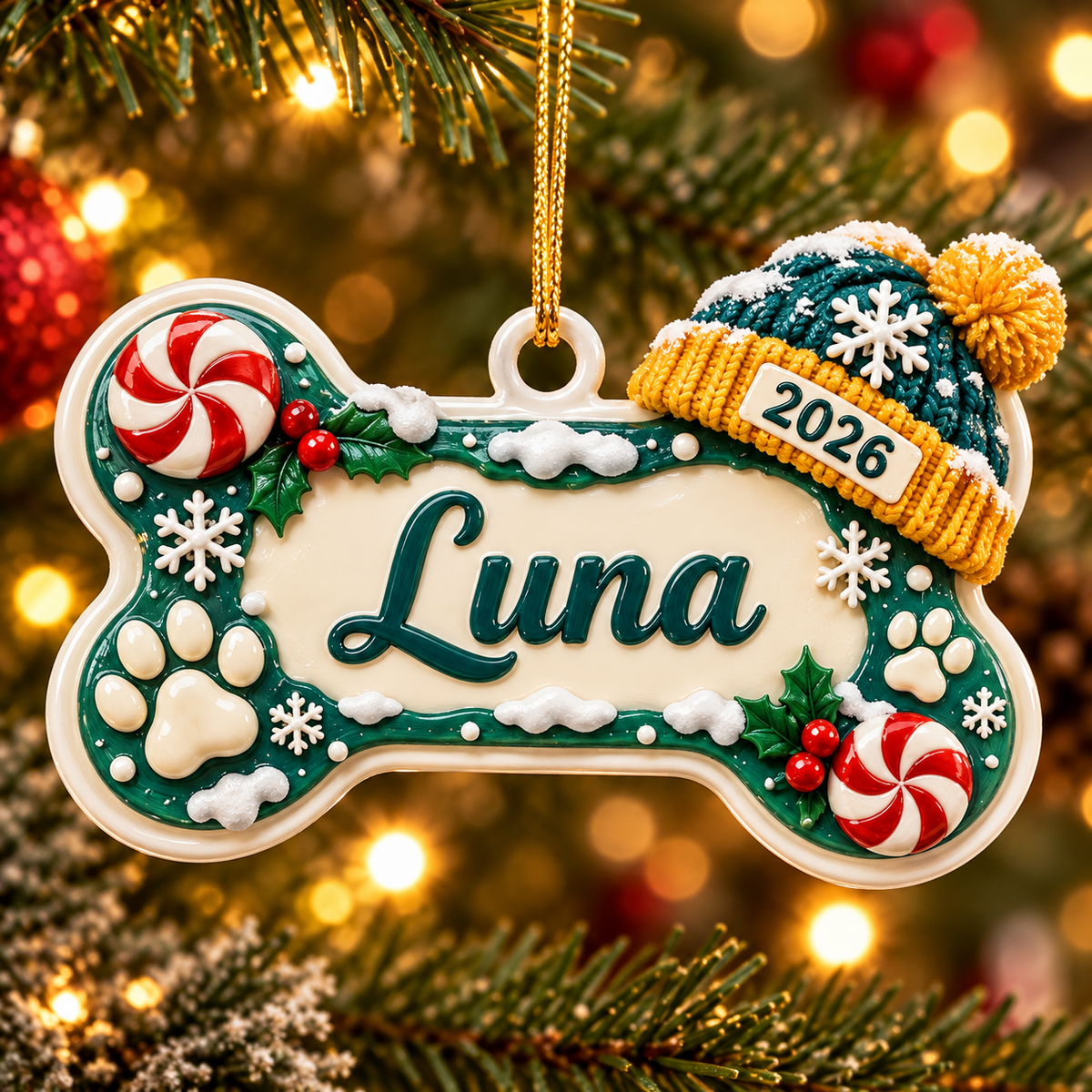 Dog Bone Holiday Keepsake with Knit Beanie Hat and Peppermint Details - 3D Relief Ornament