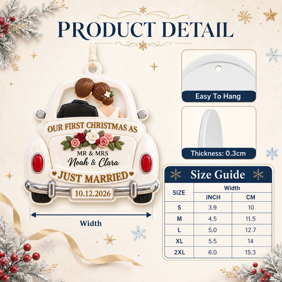 Just Married Vintage Getaway Car First Christmas Newlywed Couple Holiday Keepsake - 3D Relief Ornament