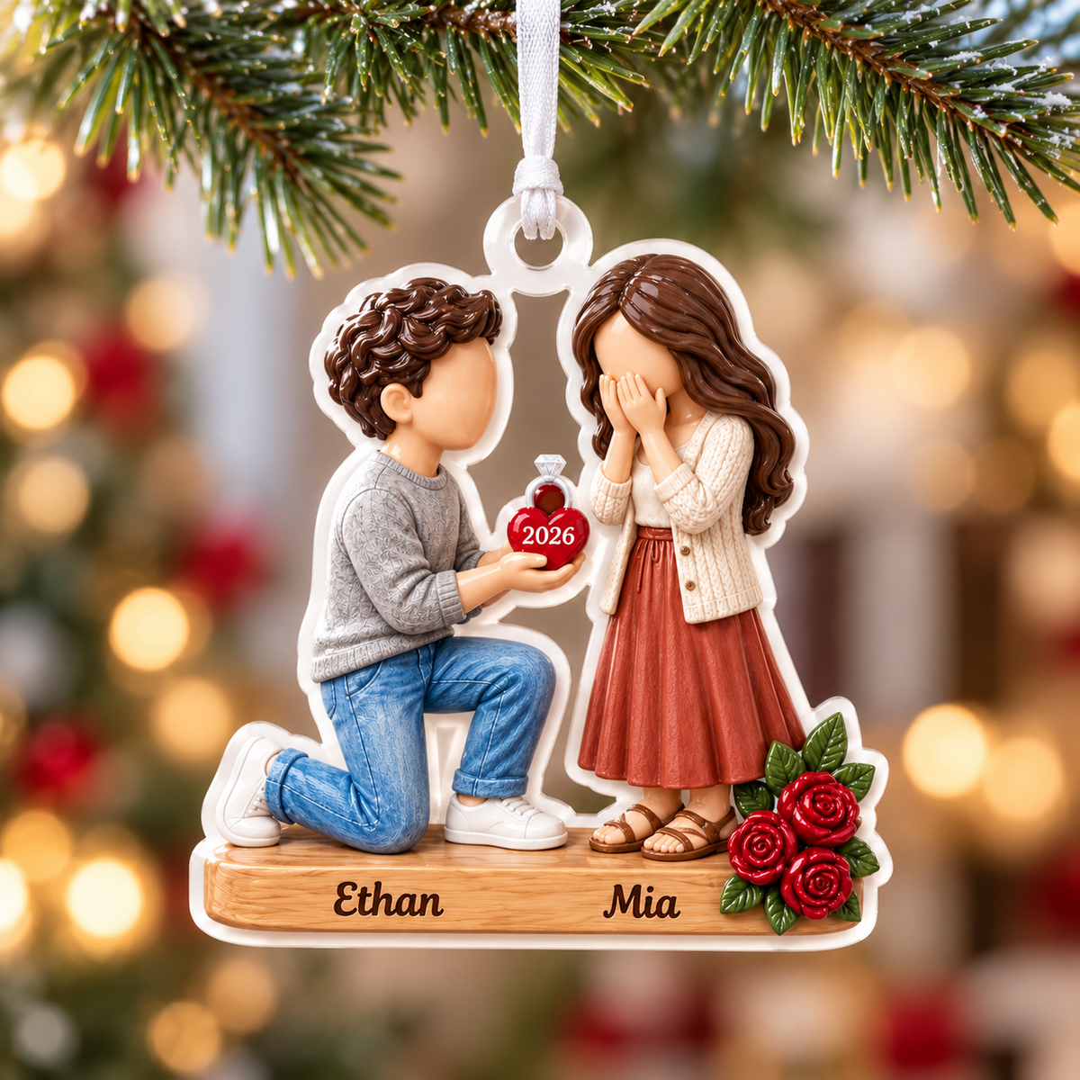 Marriage Proposal Couple Acrylic Tree Hanging Keepsake - 3D Relief Ornament