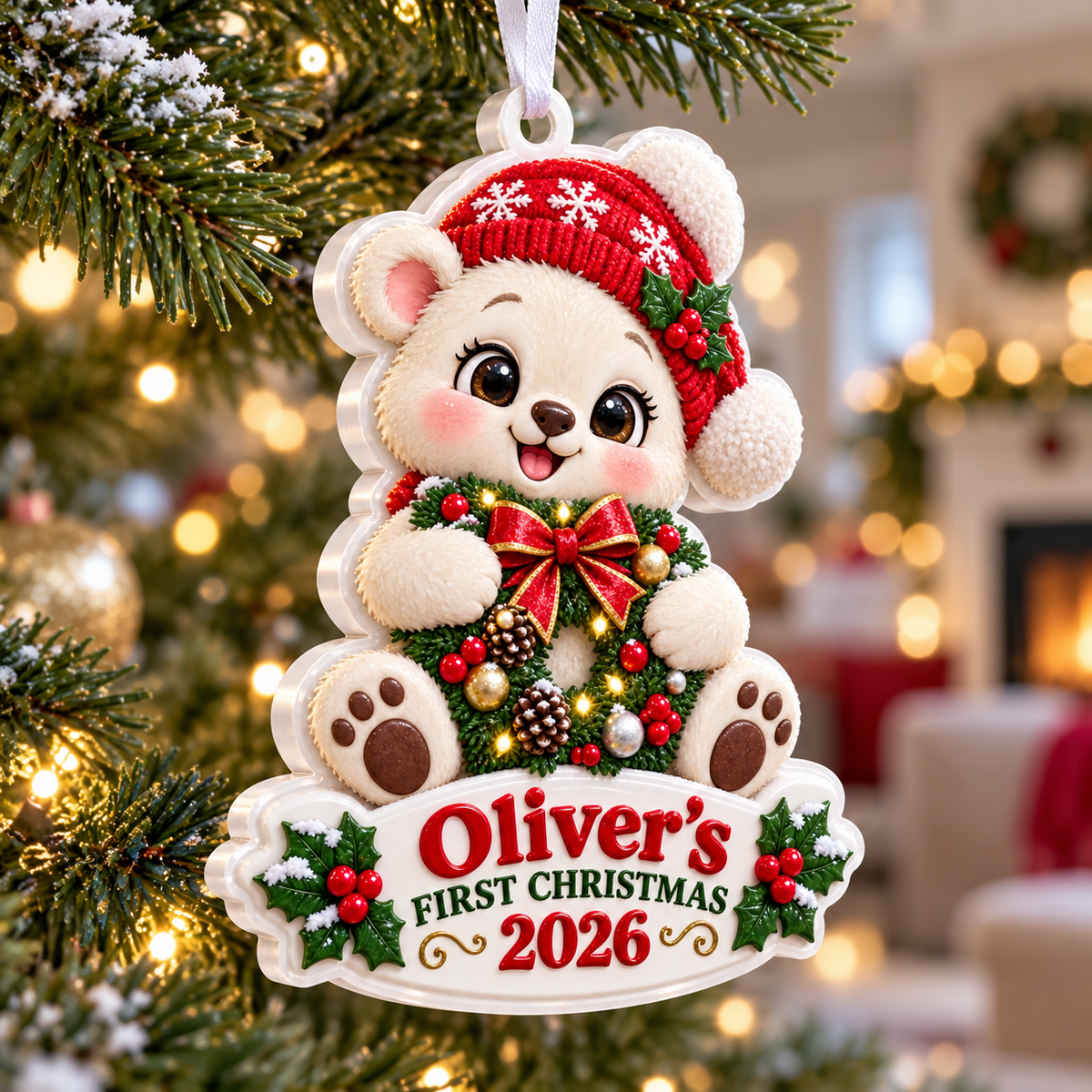 Baby Bear with Wreath First Christmas Acrylic Tree Hanging Keepsake - 3D Relief Ornament
