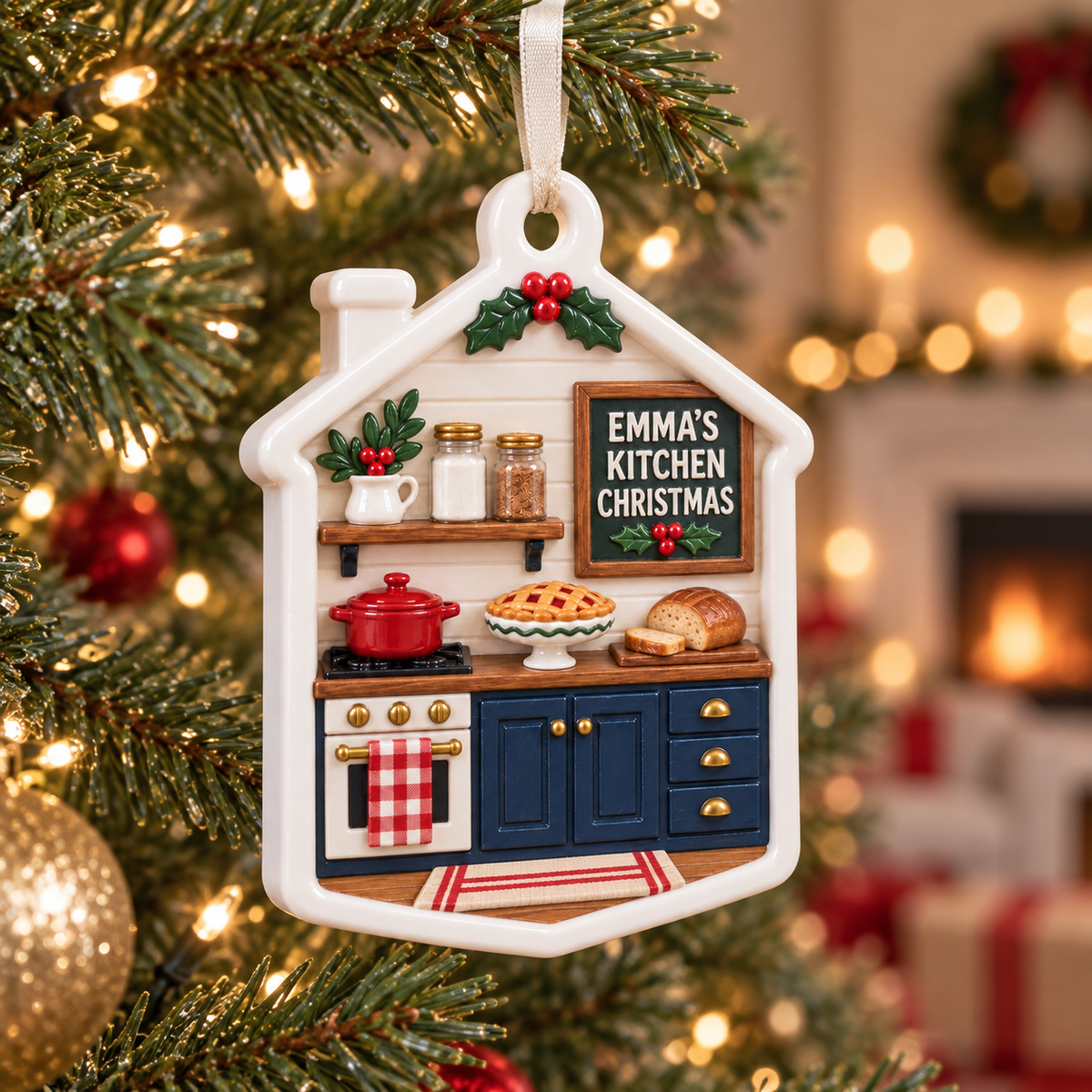 Holiday Kitchen Baking Scene House Shaped Hanging Tree Decor - 3D Relief Ornament