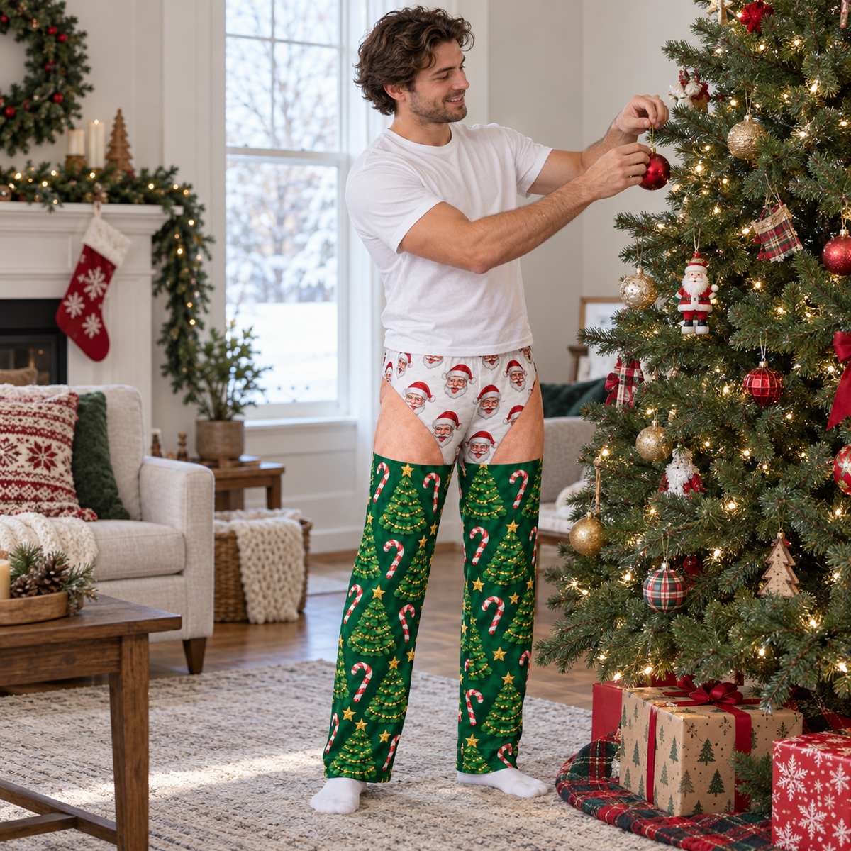 Mens Christmas Gag Pajama Pants Novelty Cutout Illusion Sleepwear