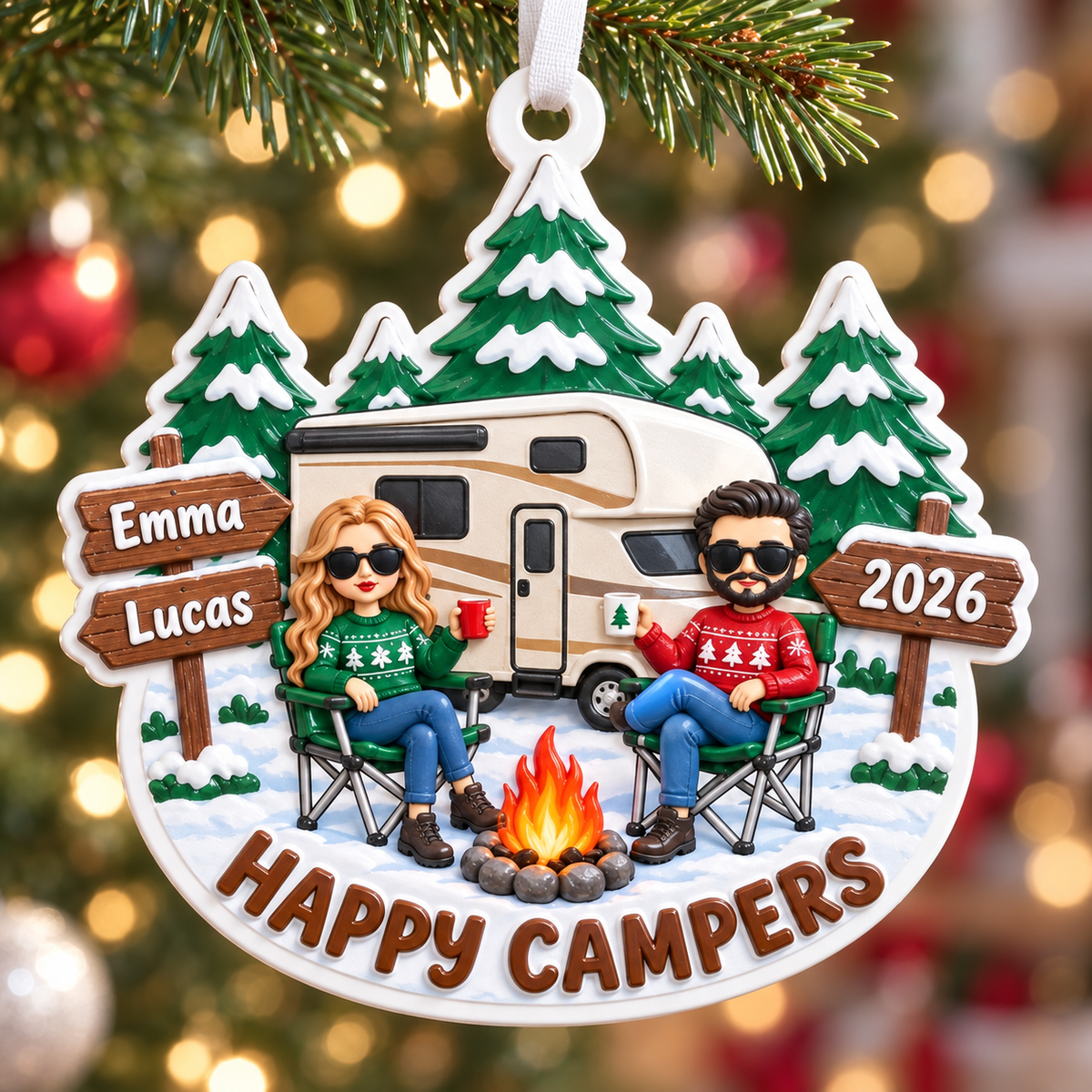 Holiday Tree Hanging RV Couple Campfire Winter Pine Forest Decor - 3D Relief Ornament