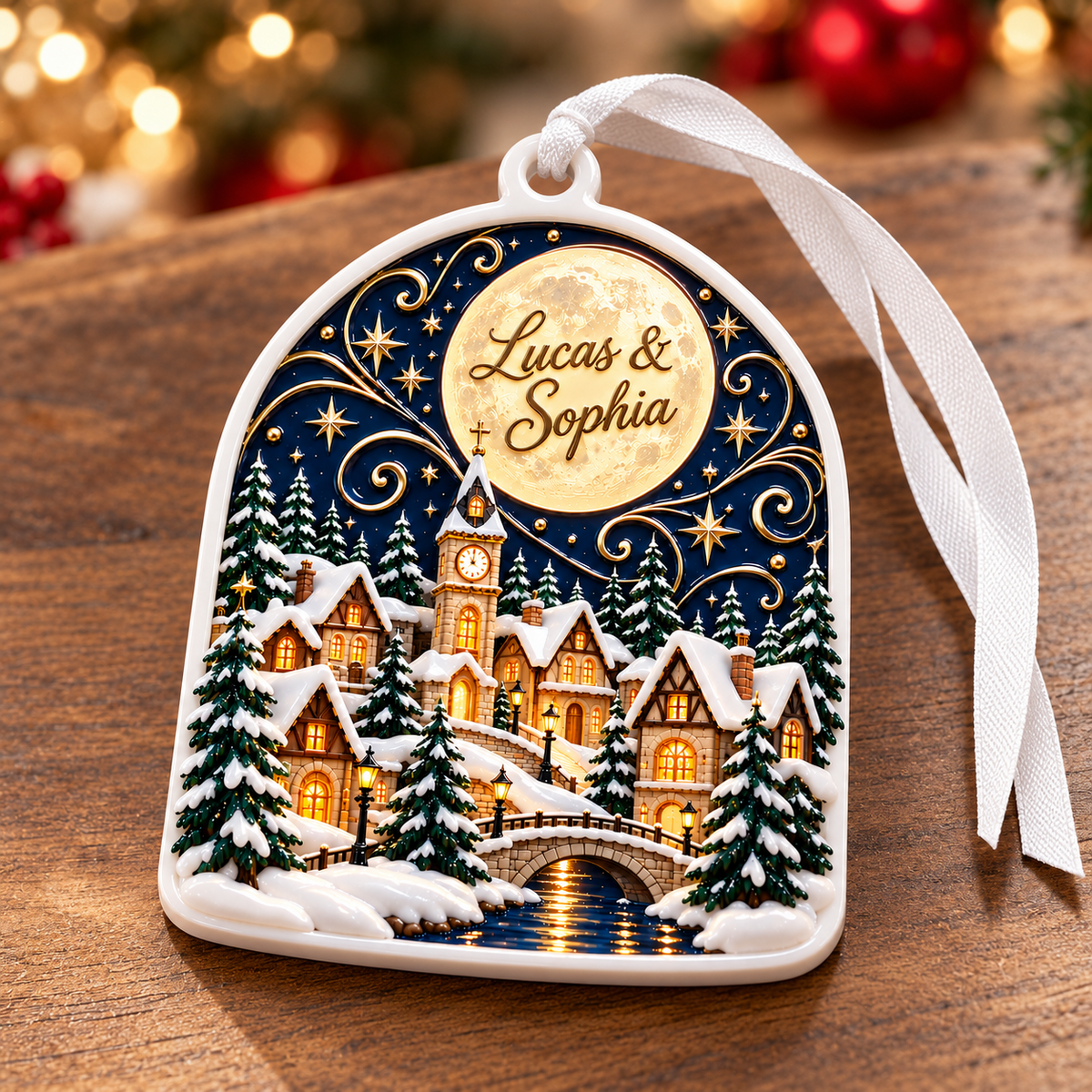 Winter Village Night Scene Arch Acrylic Holiday Hanging Keepsake - 3D Relief Ornament