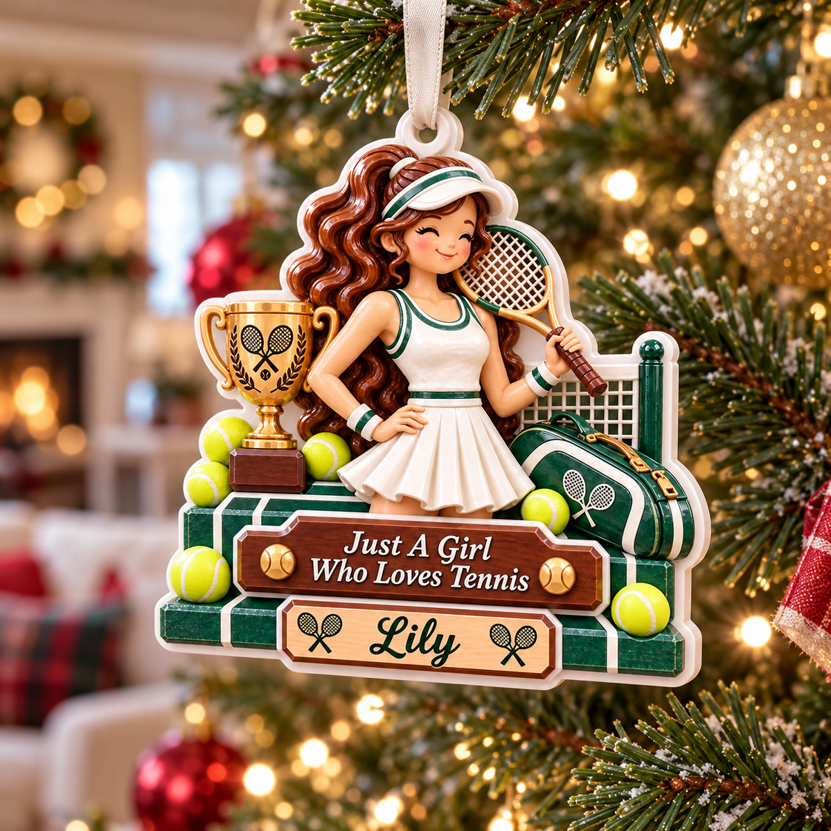 Girl Tennis Player with Trophy and Court Net Holiday Keepsake - 3D Relief Ornament
